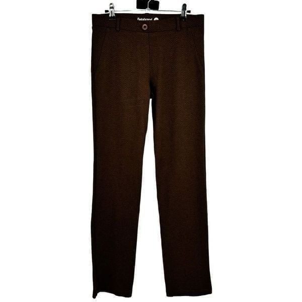 Betabrand Classic Dress Pant Yoga Pant | Straight Leg Brown Chevron Pattern Medi