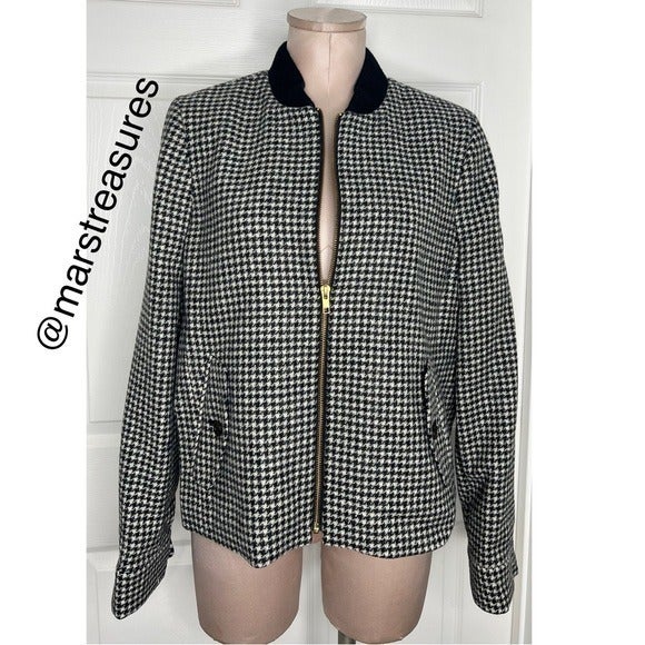 NWOT J. Crew 100% Wool Houndstooth Print Bomber-style Jacket Sz L
