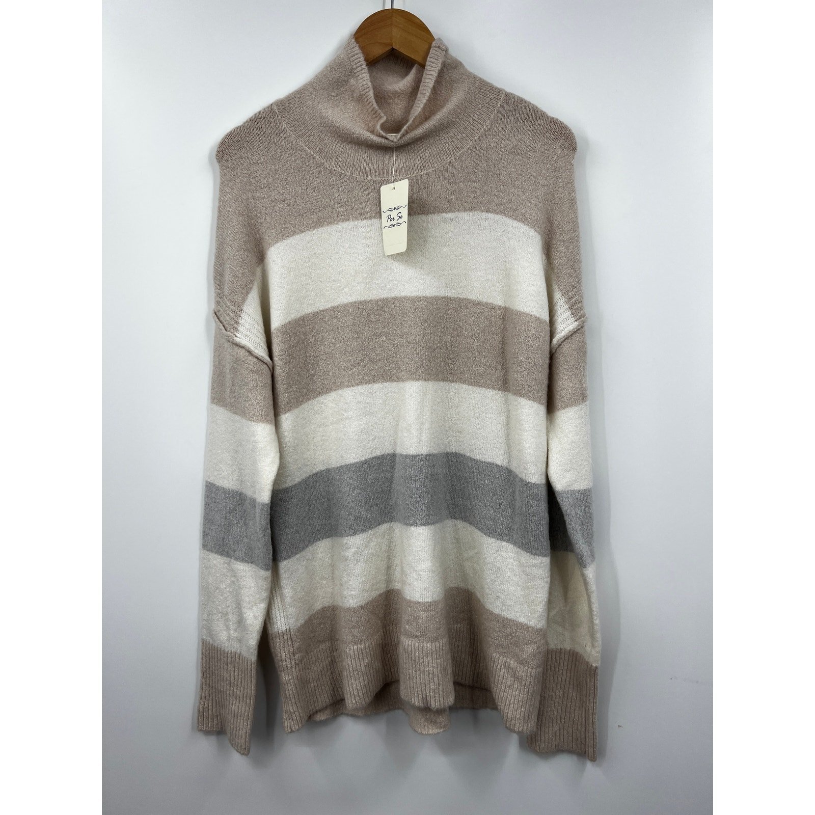 Per Se Sweater Womens Turtleneck Stripe Pullover Tuape White Size XL