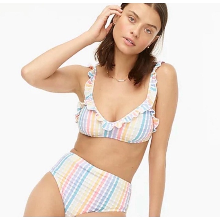 NWT J.Crew Bikini Womens Extra Small Rainbow High Waisted Ruffle Pastel Stripe