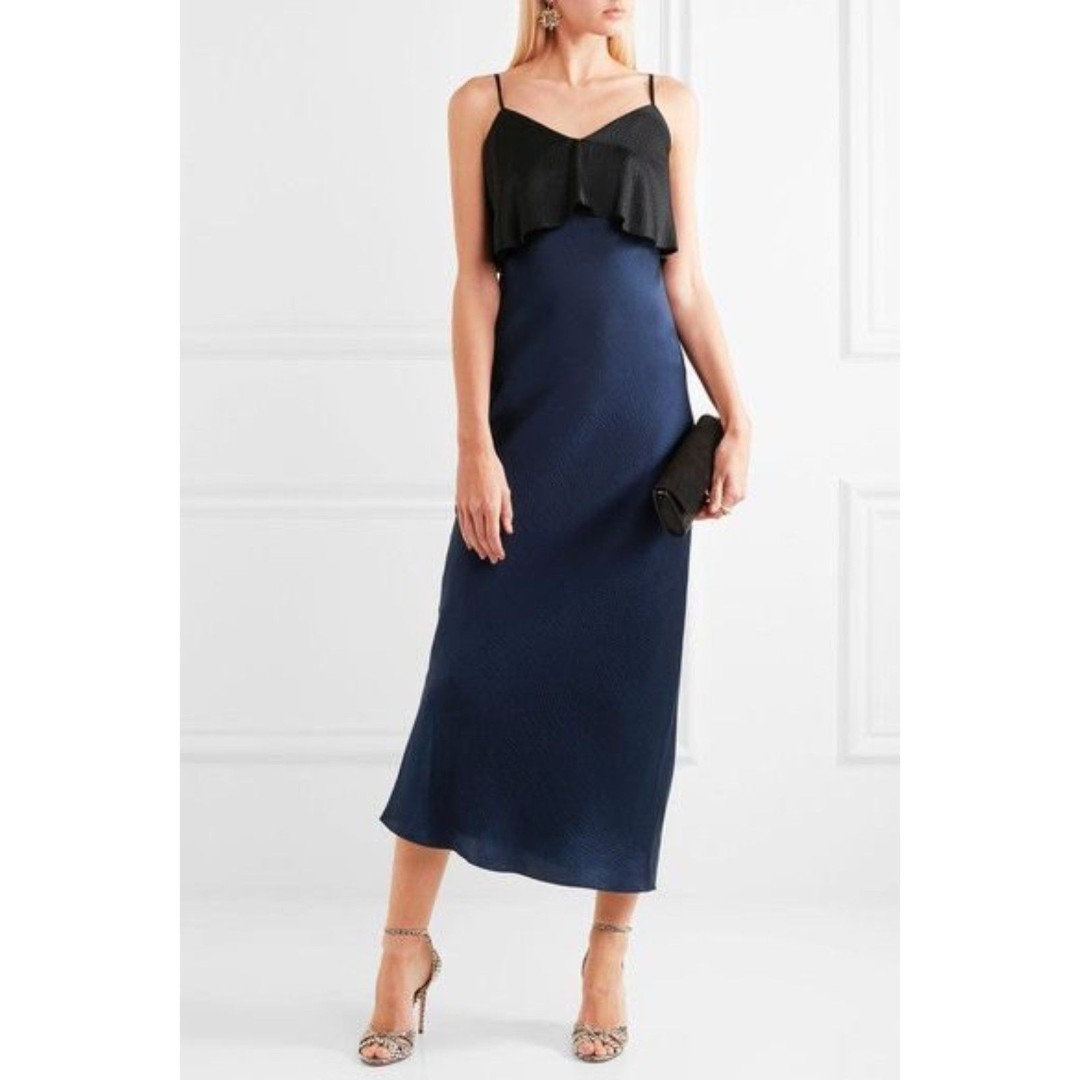 Dianne von Furstenburg NWT Black Blue Popover Ruffle Hammered 100% Silk Dress, M