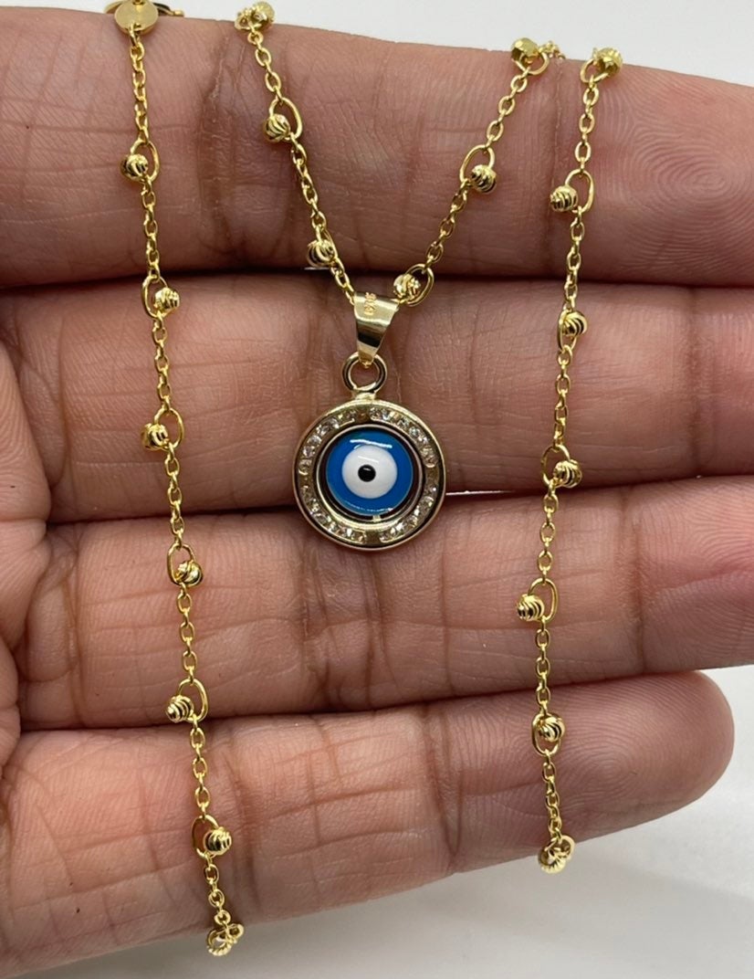 10K Gold Ball Station Necklace and Evil Eye Charm
