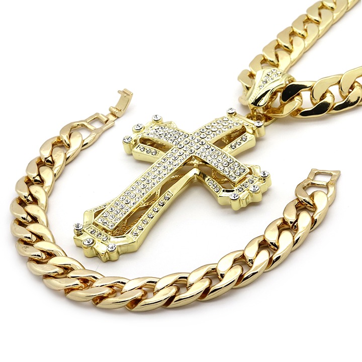 Gold Plated Hollow Cross Iced Cubic-Zirconia 30 Heavy Cuban Chain & Bracelet