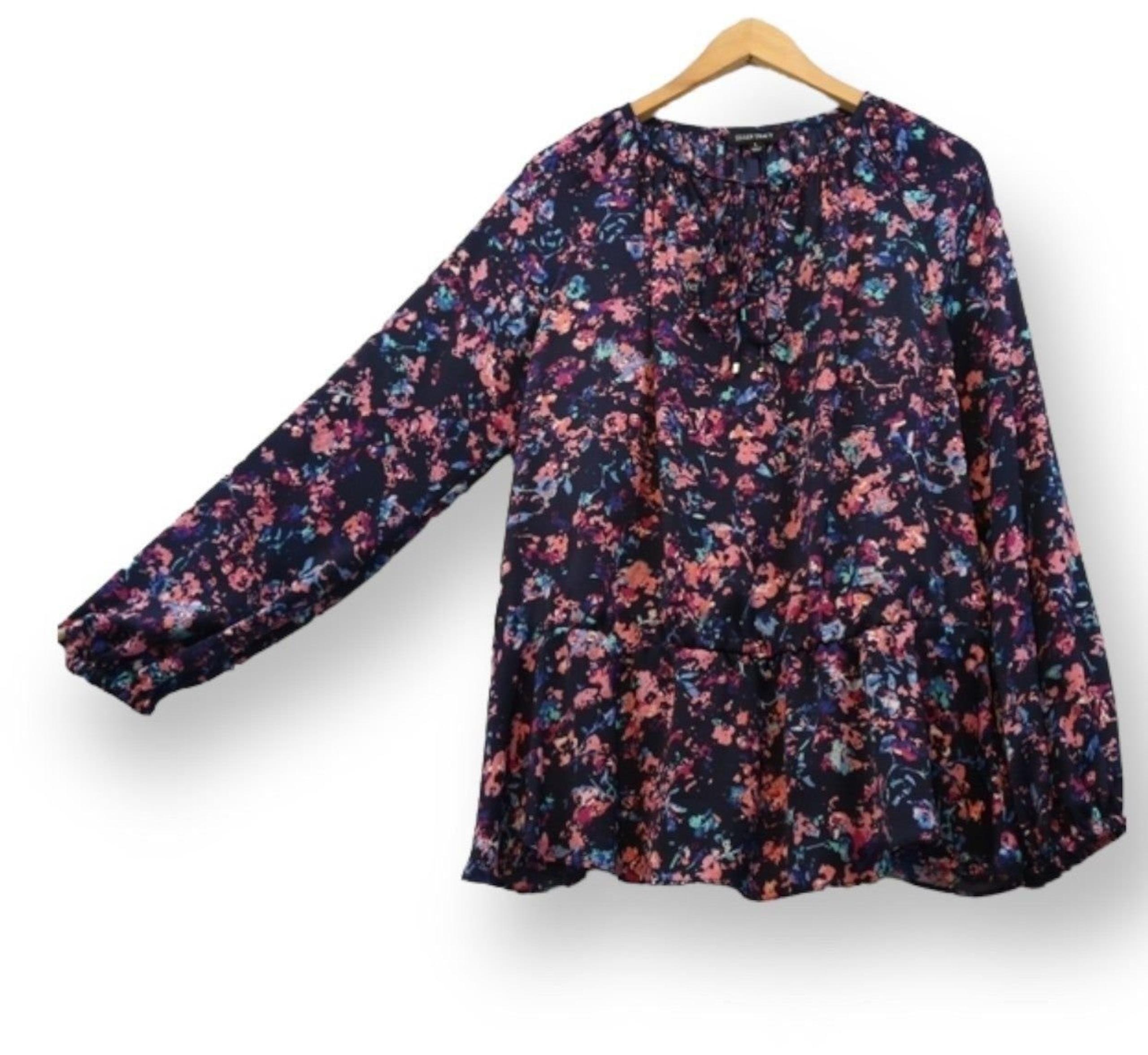 Ellen Tracy Floral Printed Silky Peplum Blouse Top L