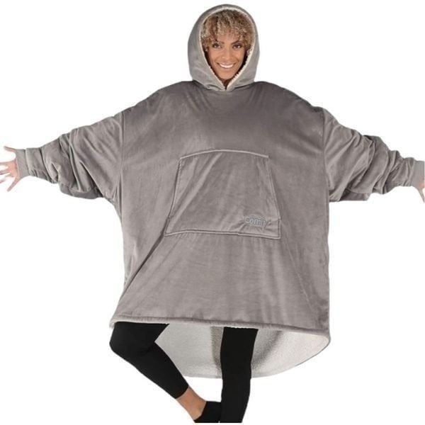 The Comfy Unisex Sherpa Lined Wearable Blanket Hoodie Sweatshirt Gray One Size