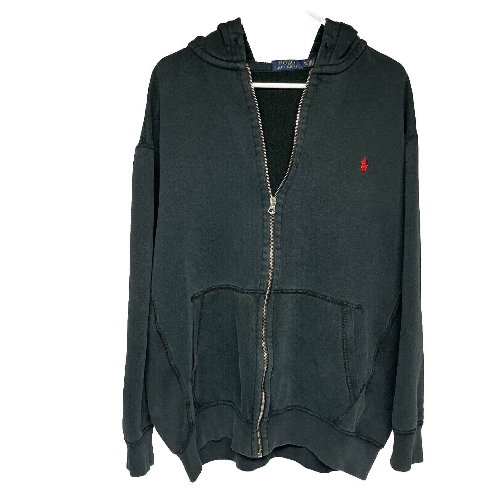 Polo Ralph Lauren Hoodie Full Zip Red Pony Thermal Lined Hood Black Size XLT