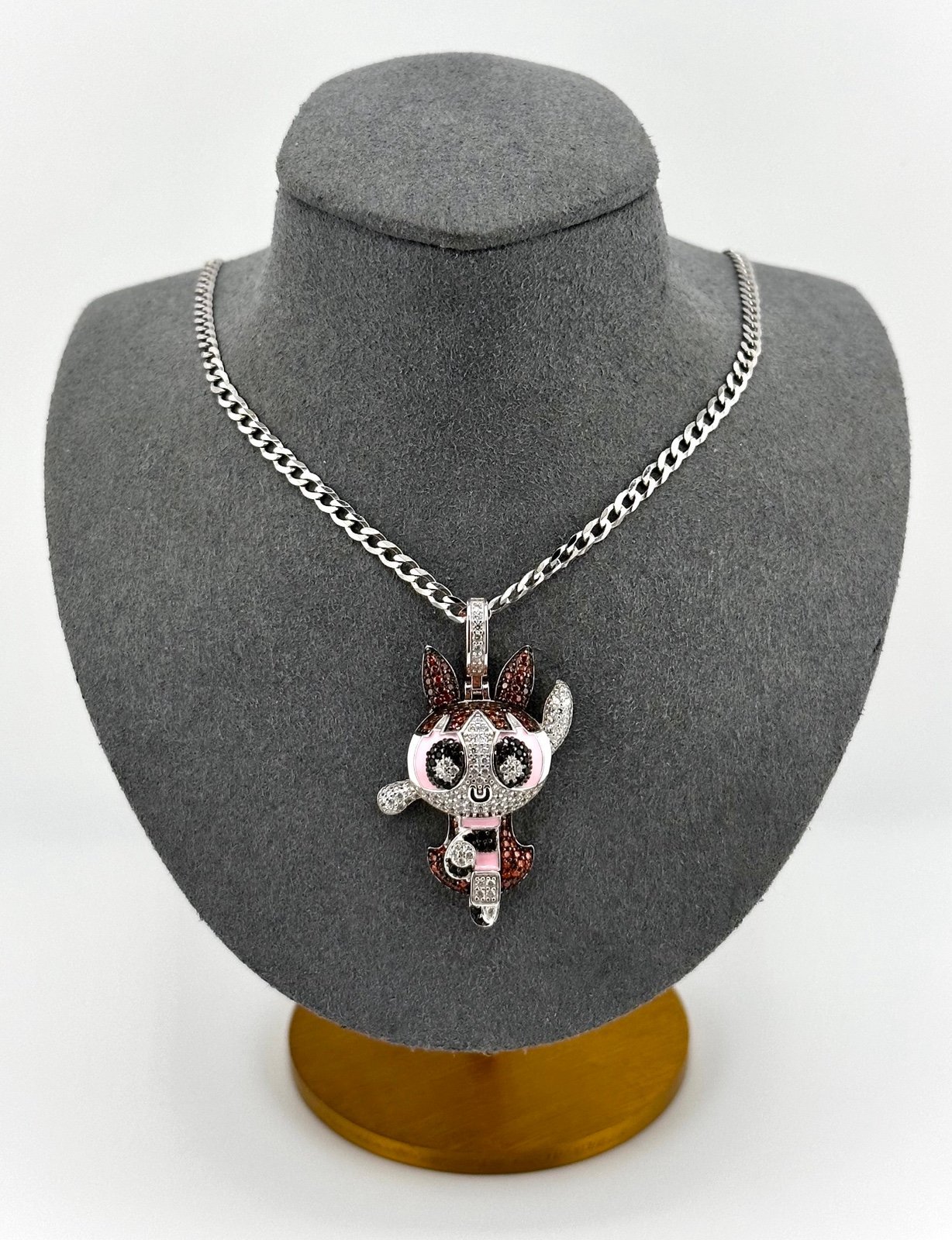 925 Solid Sterling Silver Round Cut 3D PowerPuff Girls Blossom Necklace