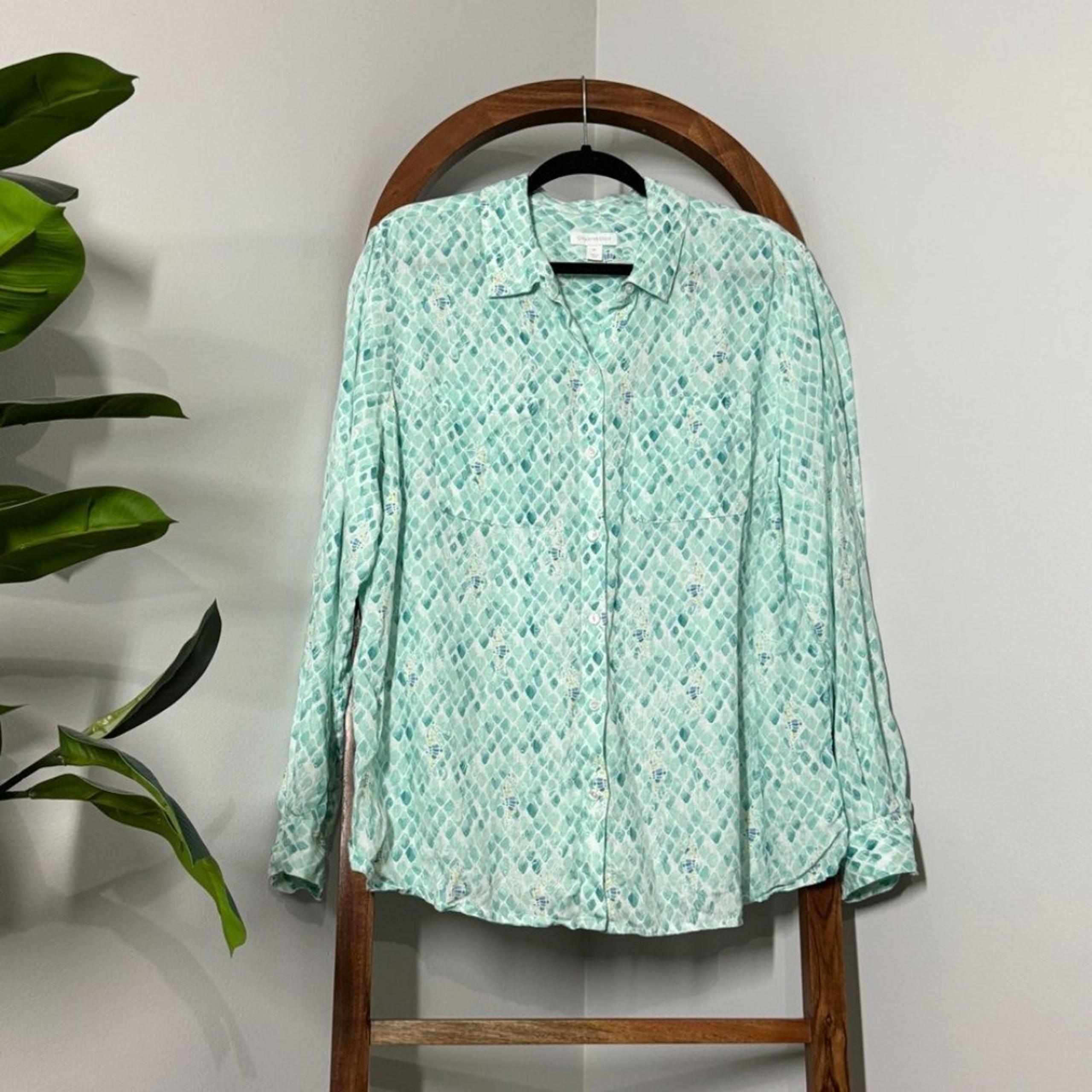 Charter Club XL 100% Linen Under The Sea Long Roll Tab Sleeve Button Down Shirt