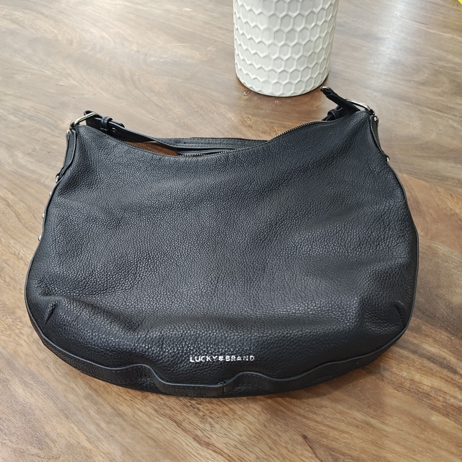 Stylish Lucky Brand Black Pebble Leather Hobo Purse W/ Silver Accents. Great Bag
