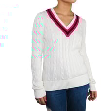 1990s Vintage Ralph Lauren White Cable Knit V-Neck Sweater Preppy Small