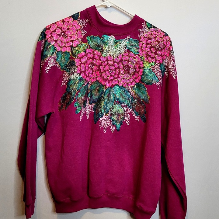 Vintage Hand Painted Sweatshirt Bright Pink and Purple Floral Tultex Size Large