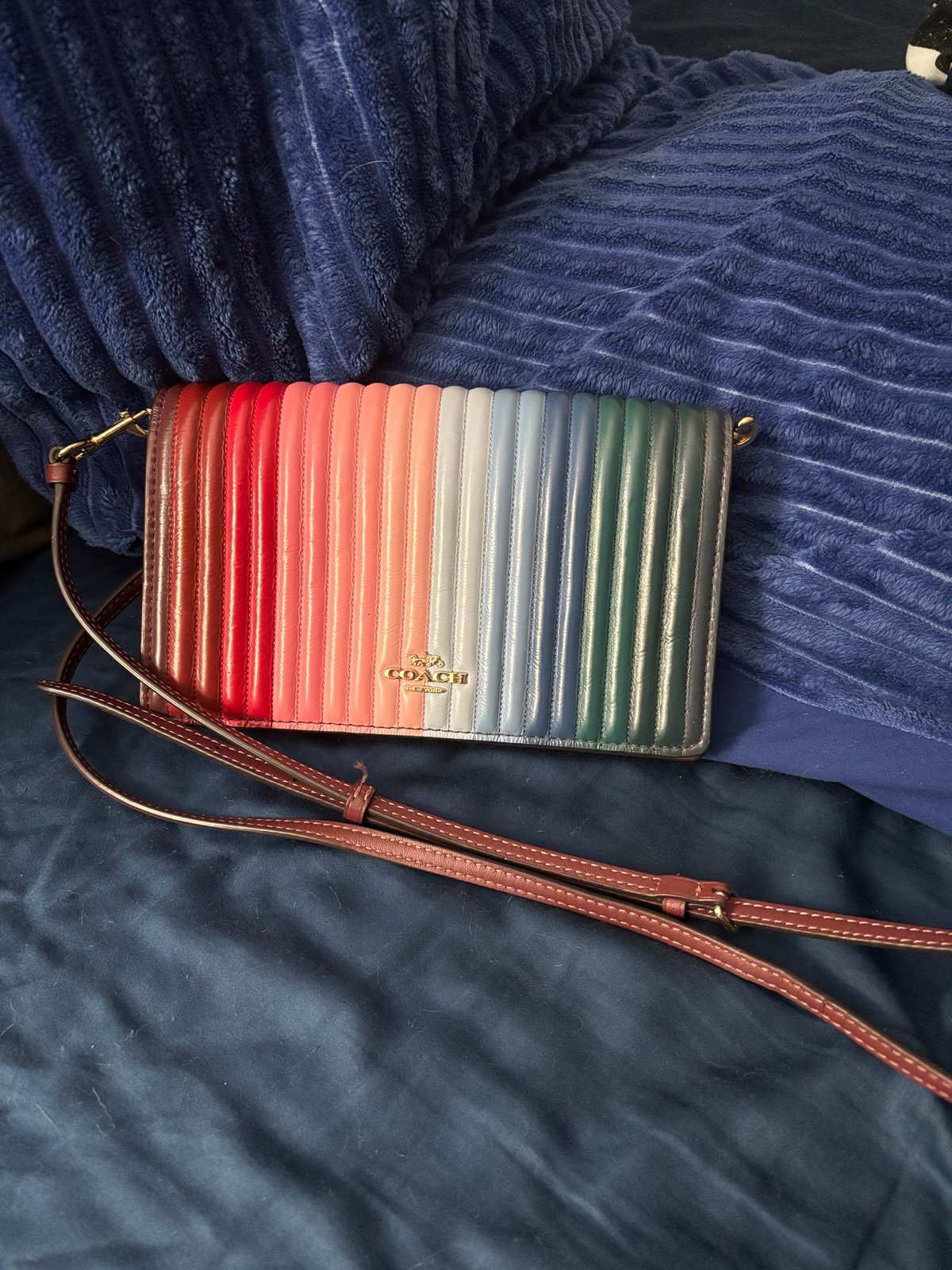 Coach Anna Foldover Crossbody Clutch With Rainbow Linear Quilting