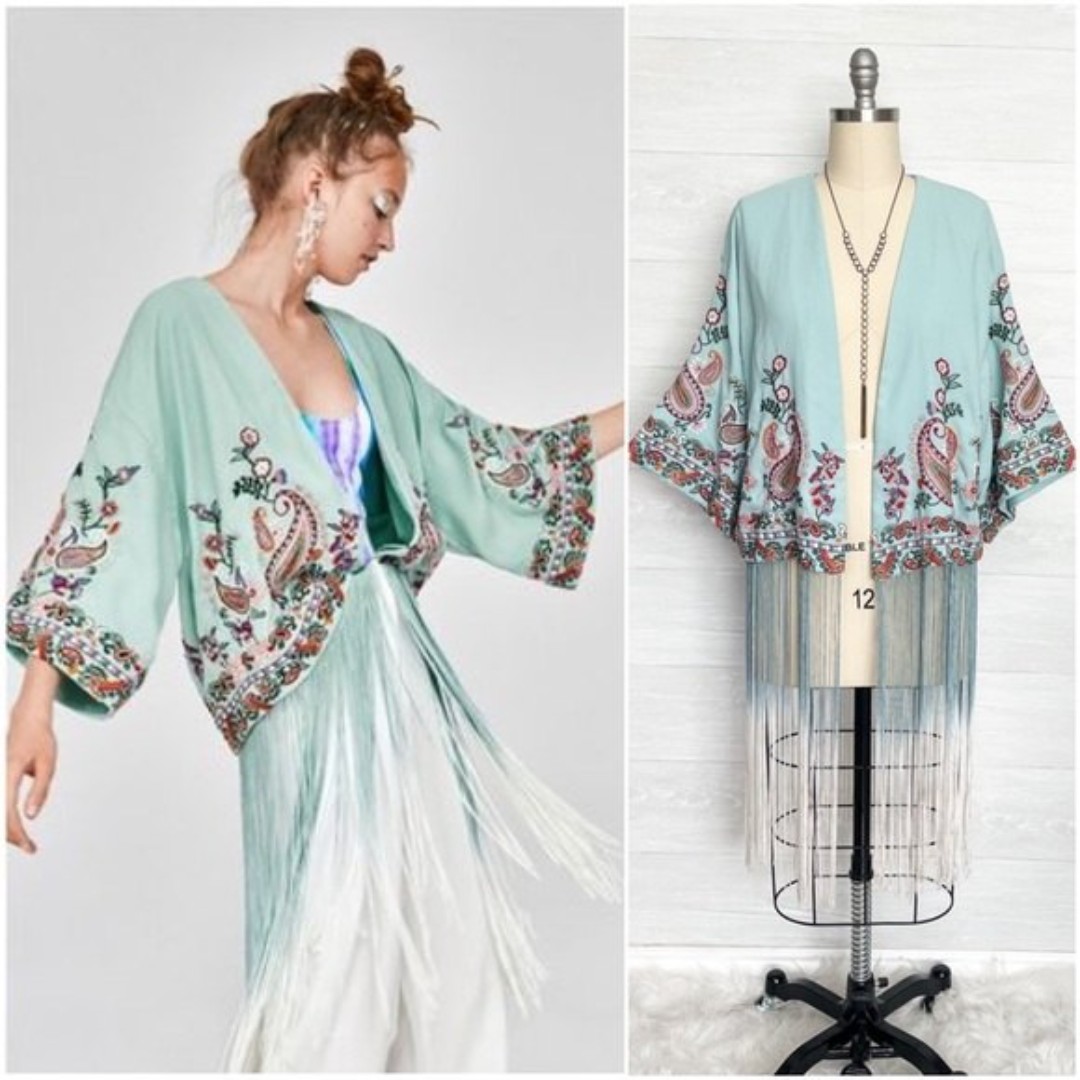 ZARA Embroidered Fringed Floral Print Kimono Jacket Size S/M