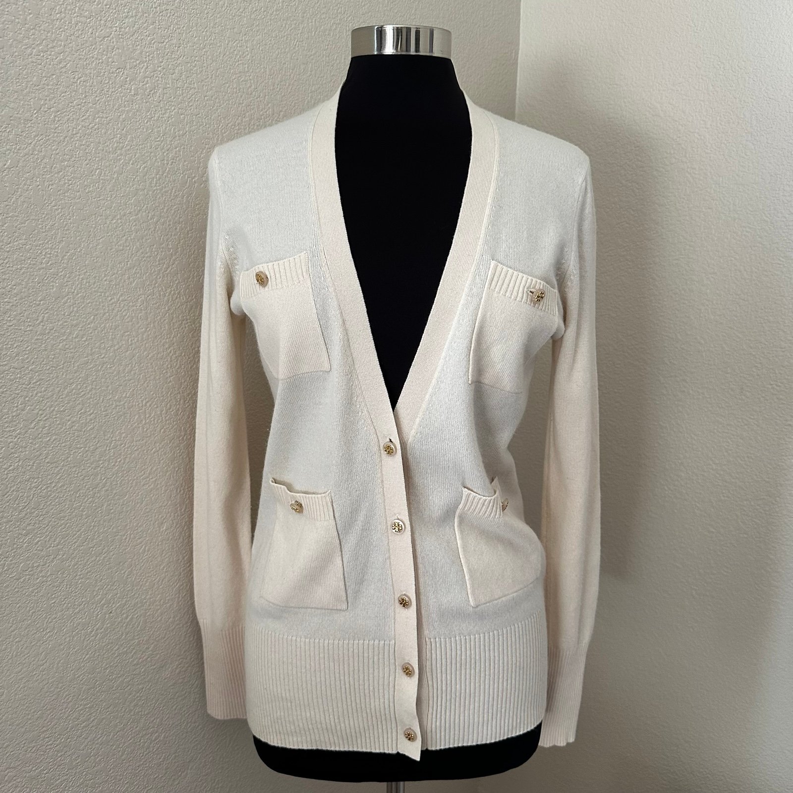 Tory Burch 100% Cashmere Women's Button Up Cream Cardigan Sweater Size M