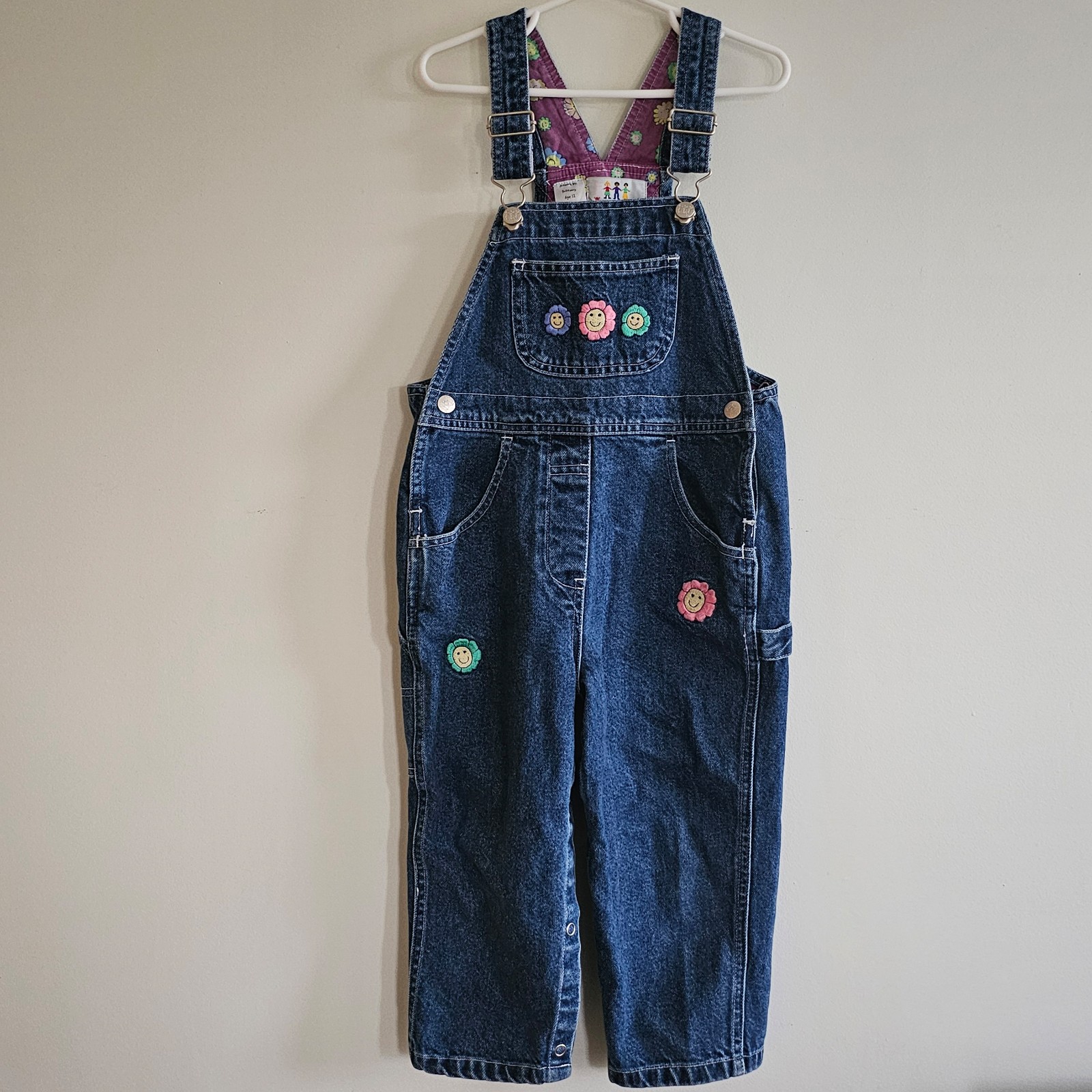 Newton Trading Co. 90s Boho Floral Smiley Face Embroidered Denim Overalls, 4T