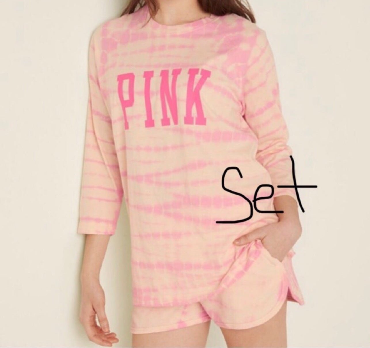 VS PINK Campus Baseball Tee & Varsity Shorts Set Pink Tie Dye