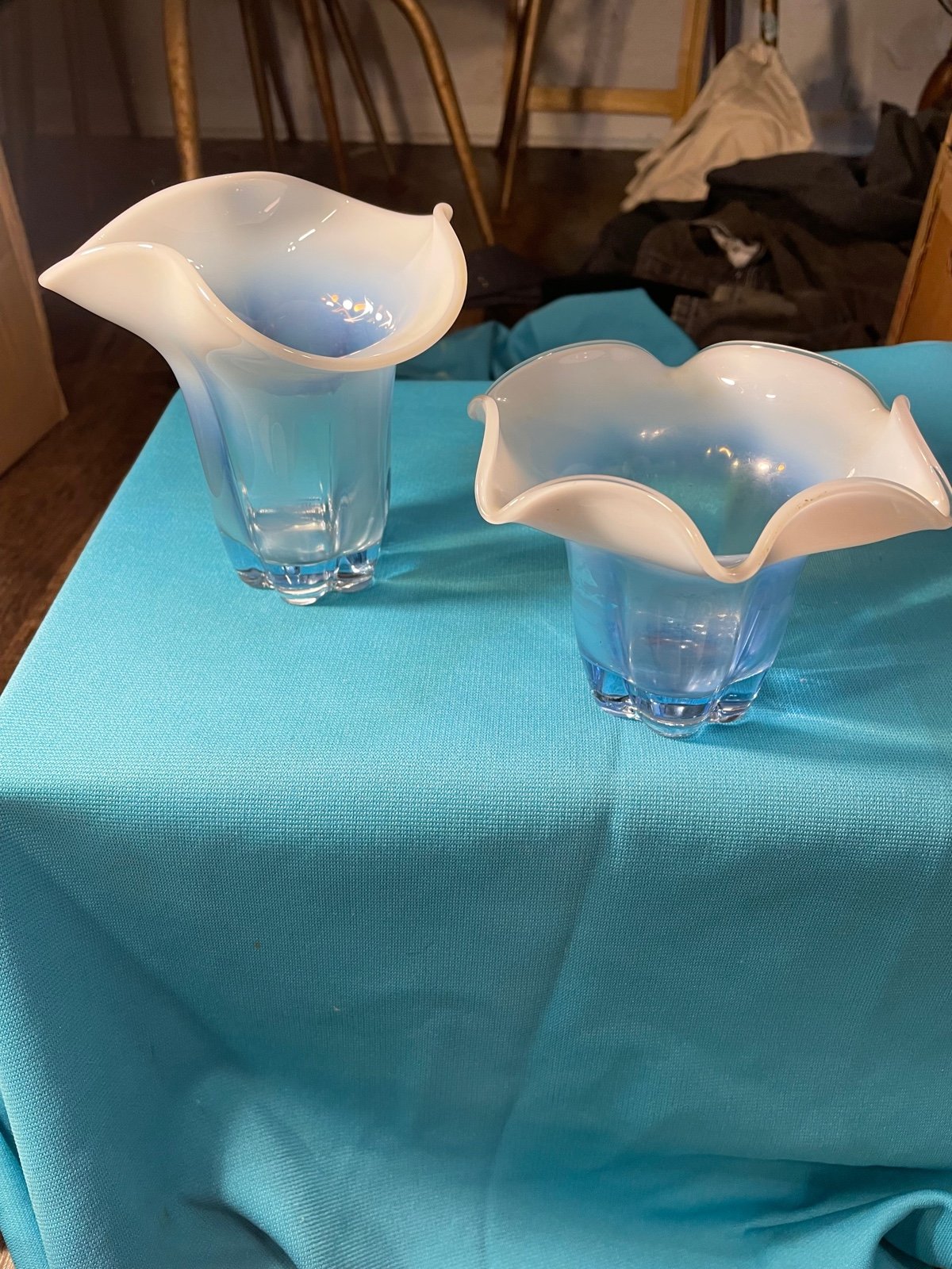 Vintage 50s Dunkin and Miller blue vases opalescence
