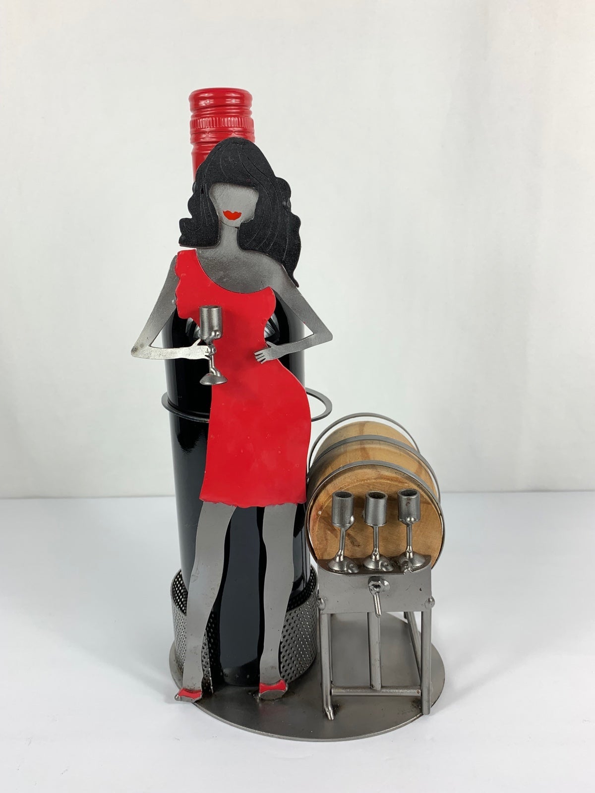 H&K Steel & Wood Handmade Wine Tasting Woman Sculpture Bottle Holder Rare Decor