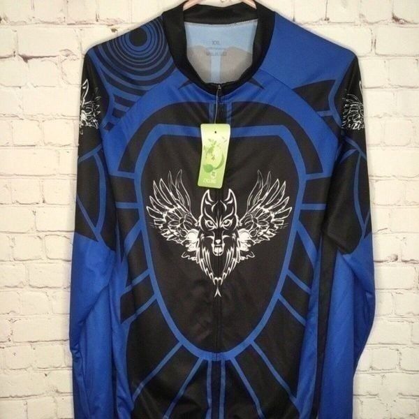 NWT Cycling Unisex Blue/Black Full Zip Long Sleeve Cycling Jersey Shirt Size XXL