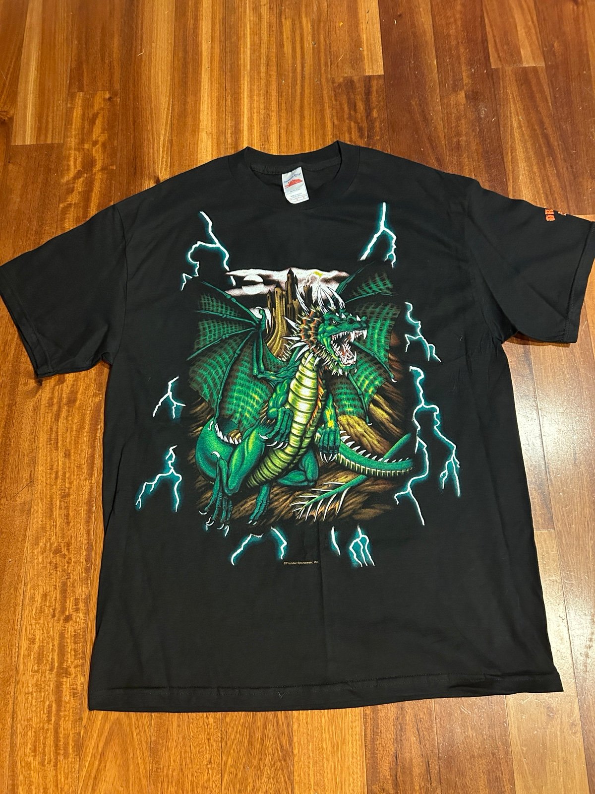 Vintage American Thunder t shirt Dragon mens L Deadstock 90s Tee lightning black