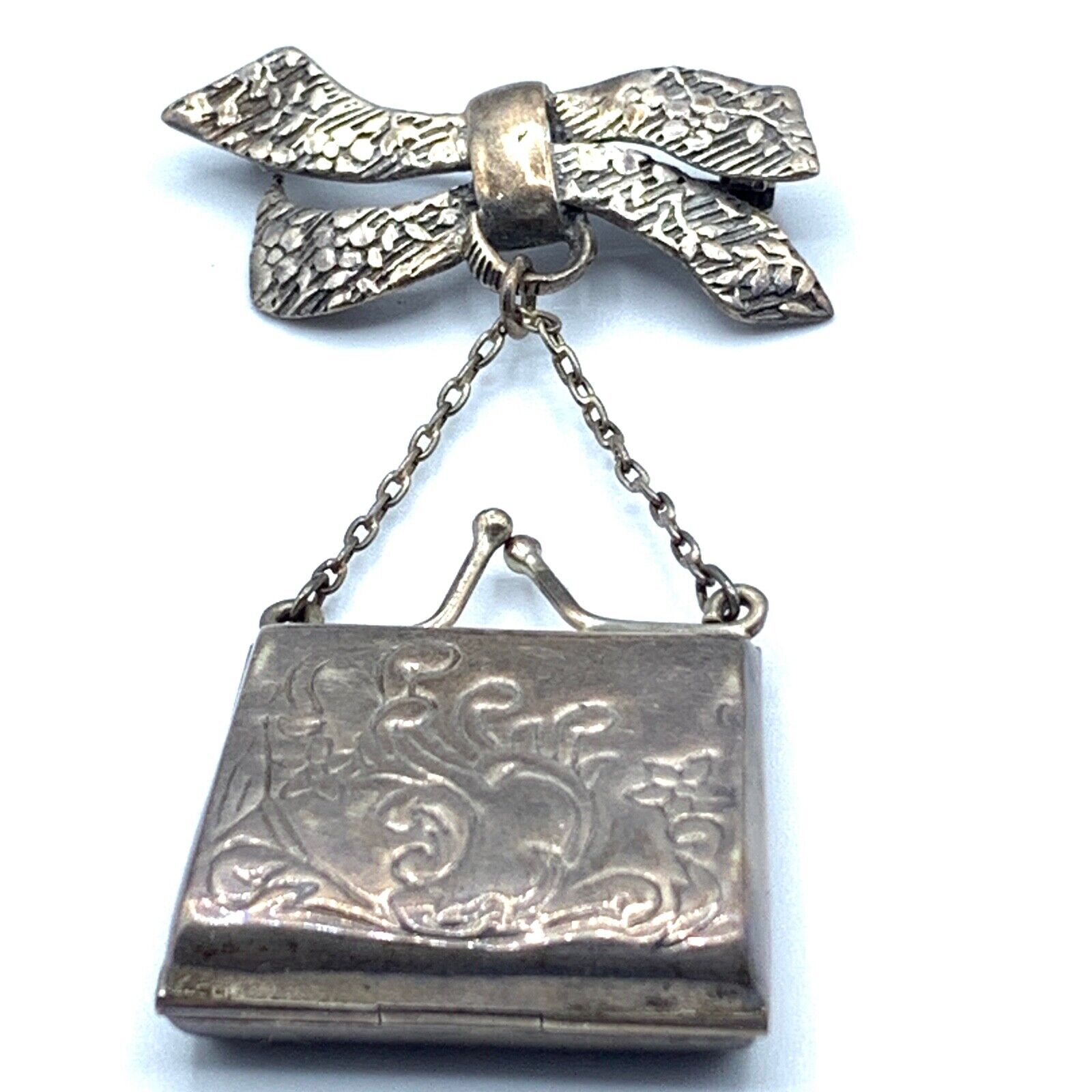 Vintage sterling silver miniature pillbox trinket purse brooch