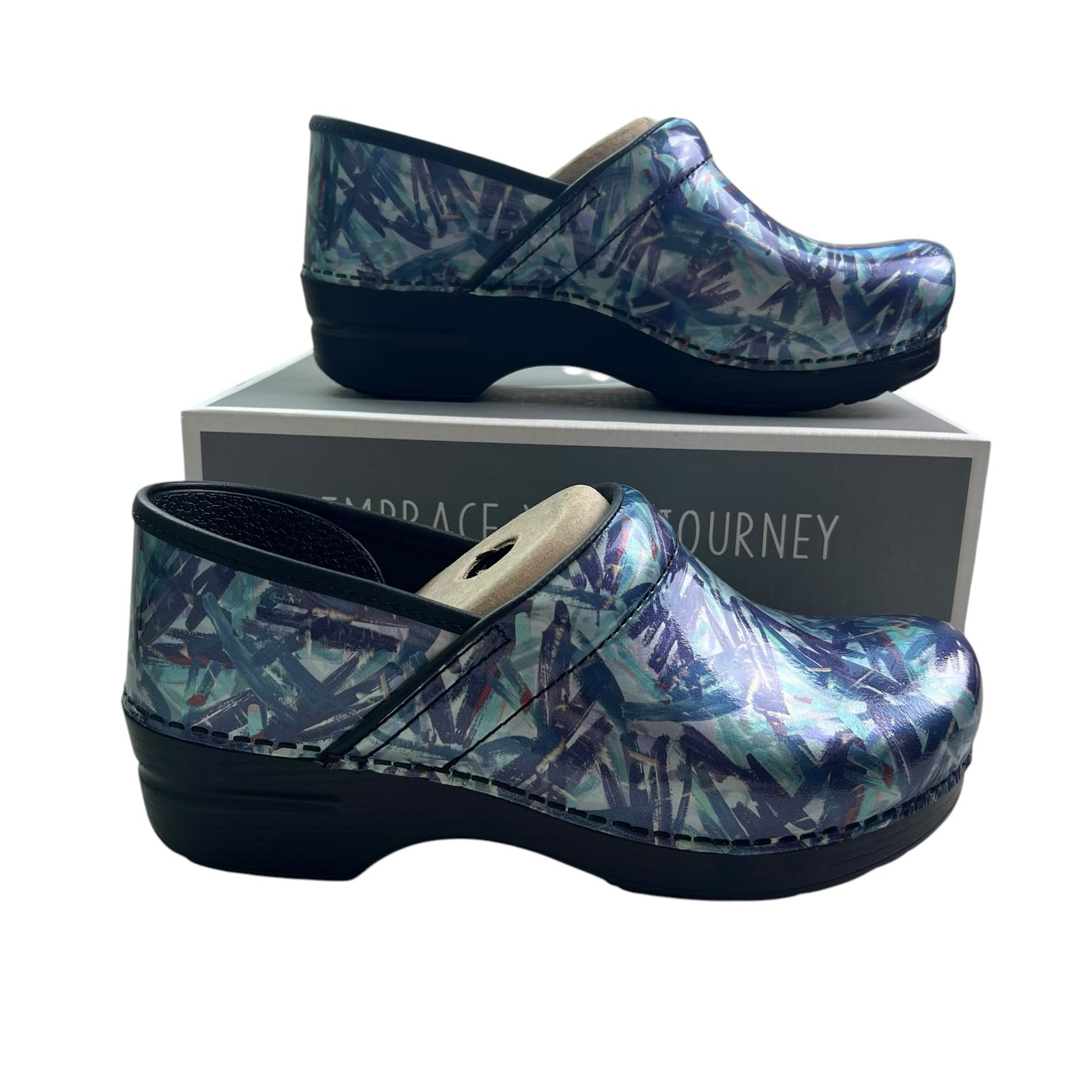 Dansko NEW Women's Professional Patent Paint Blue Patterned Clogs 40 (9.5-10)