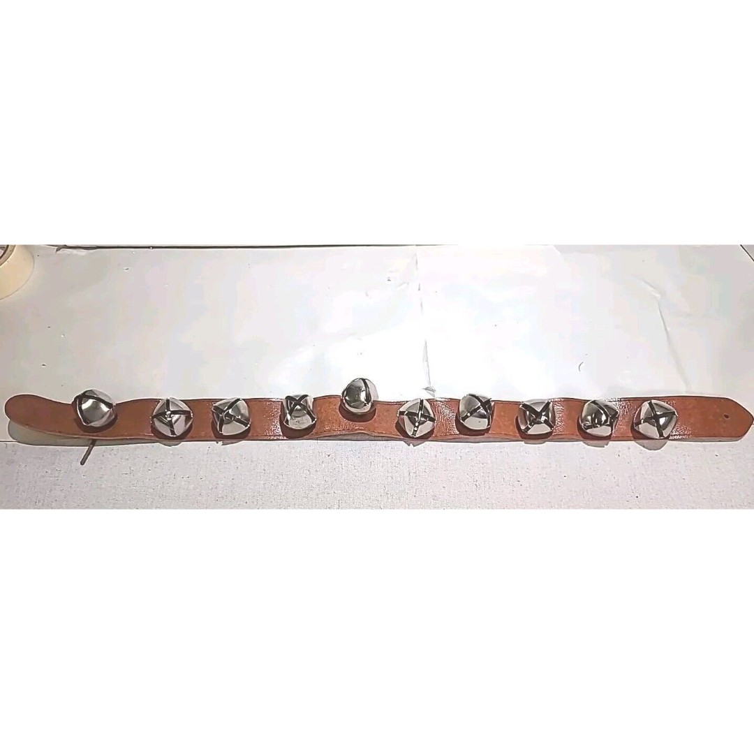 Vintage Sleigh Bells on Hanging Leather Strap 10 Silver Bells Christmas