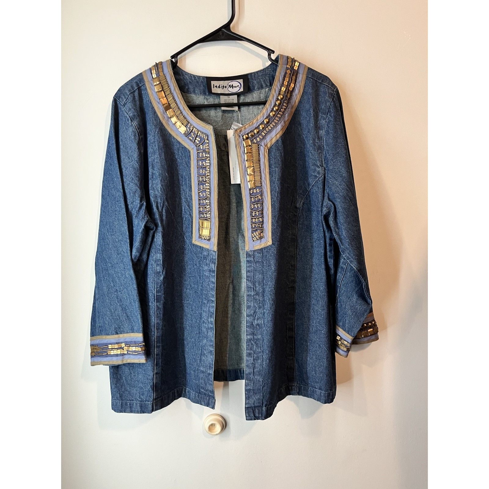 Vintage INDIGO MOON Womens Denim Blazer Jacket size 1X Boho Sequins Artsy