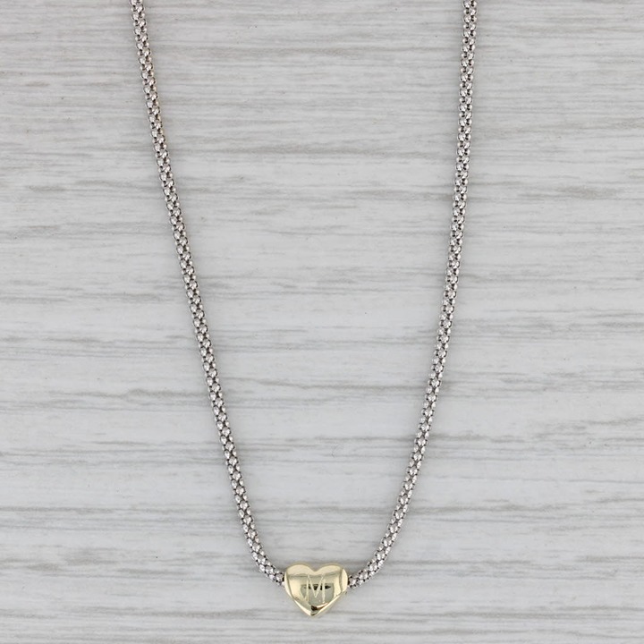 Engraved Initial M Small Heart Pendant Necklace 14k Gold 17 Popcorn Chain