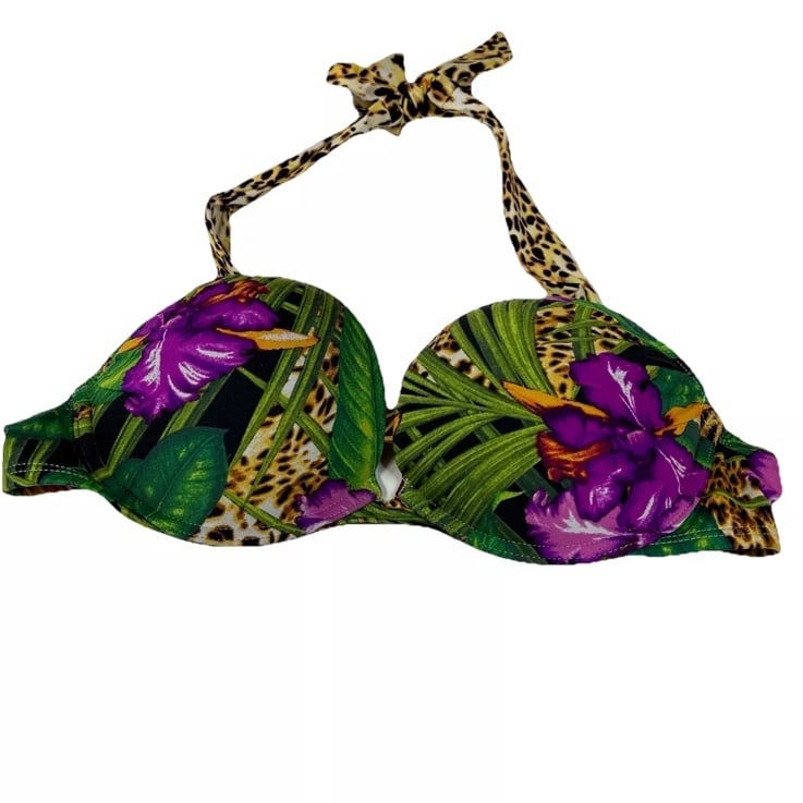 Y2K Victorias Secret 34A Bombshell Bikini Top Floral Leopard Q09 Green #3678