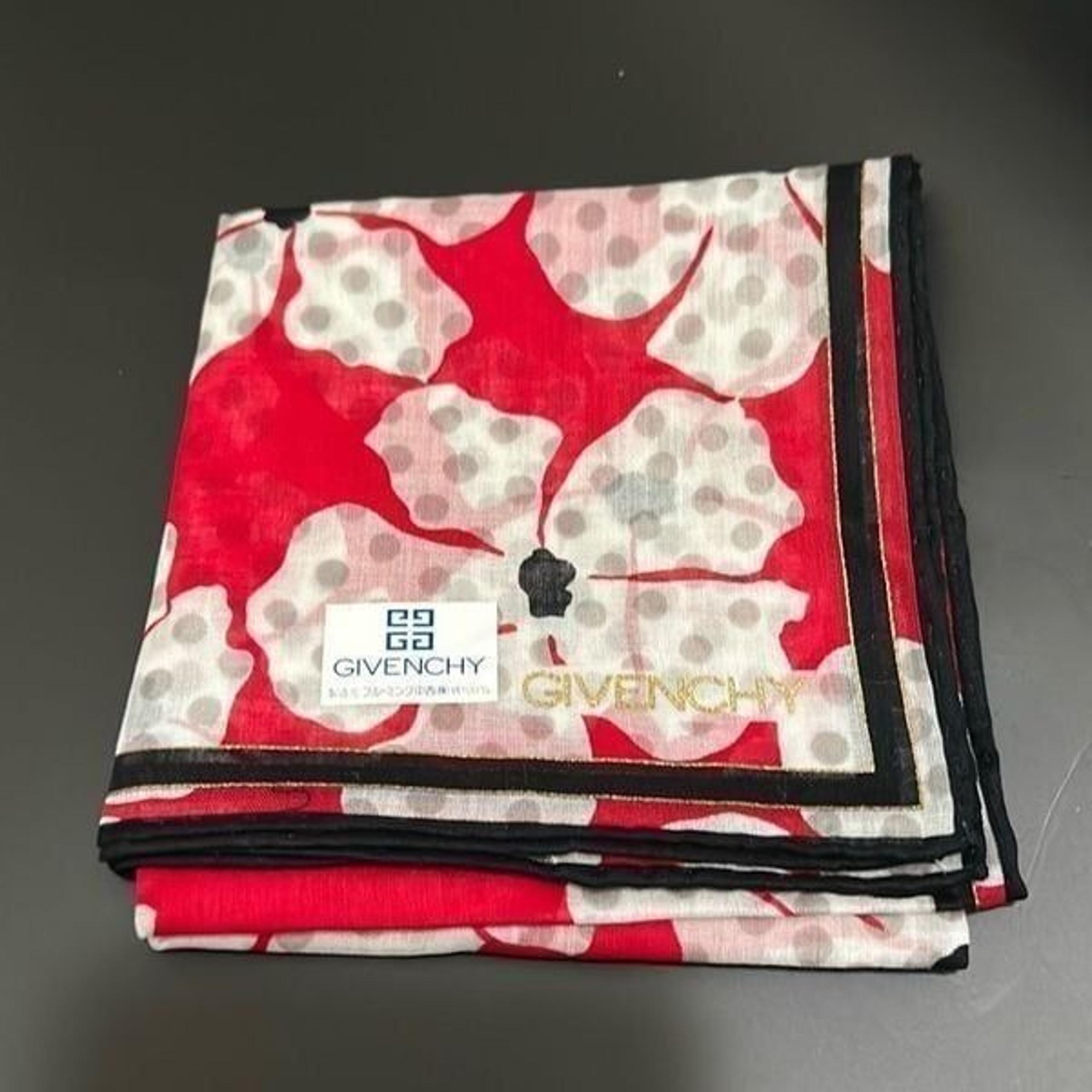 Givenchy 18x18 Cotton Square Scarf Red Floral Whimsical Preppy Twee Polka Dot