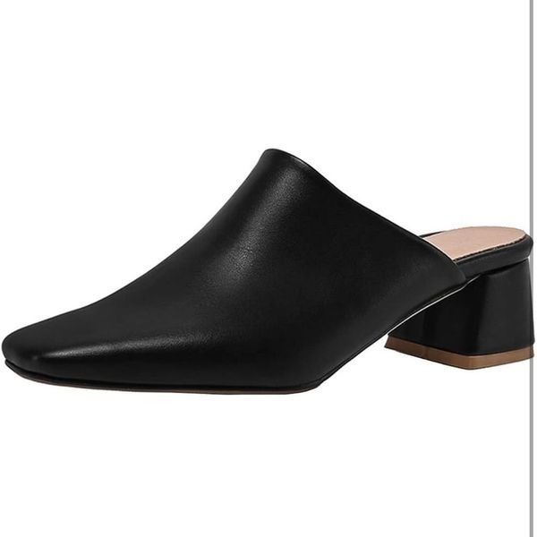 NWOT Size 8 Women Black Chunky Heel Mules Closed Toe Square Toe Slip On Shoes