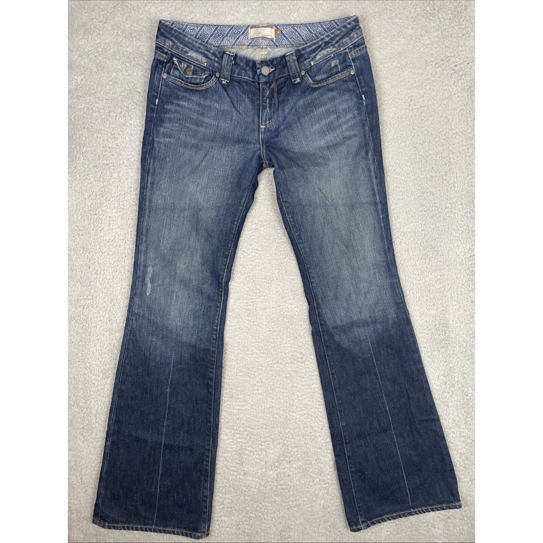 Paige Pico Flare Leg Premium Jeans Womens 31 Blue Denim Dark Wash Flap (32x34.5)