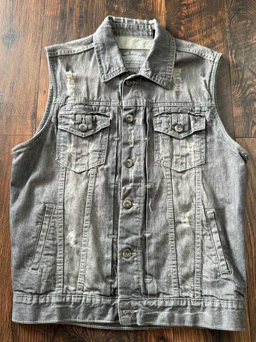 Escapism Vest Distressed Gray Industrial Denim Button Front Adjustable Med
