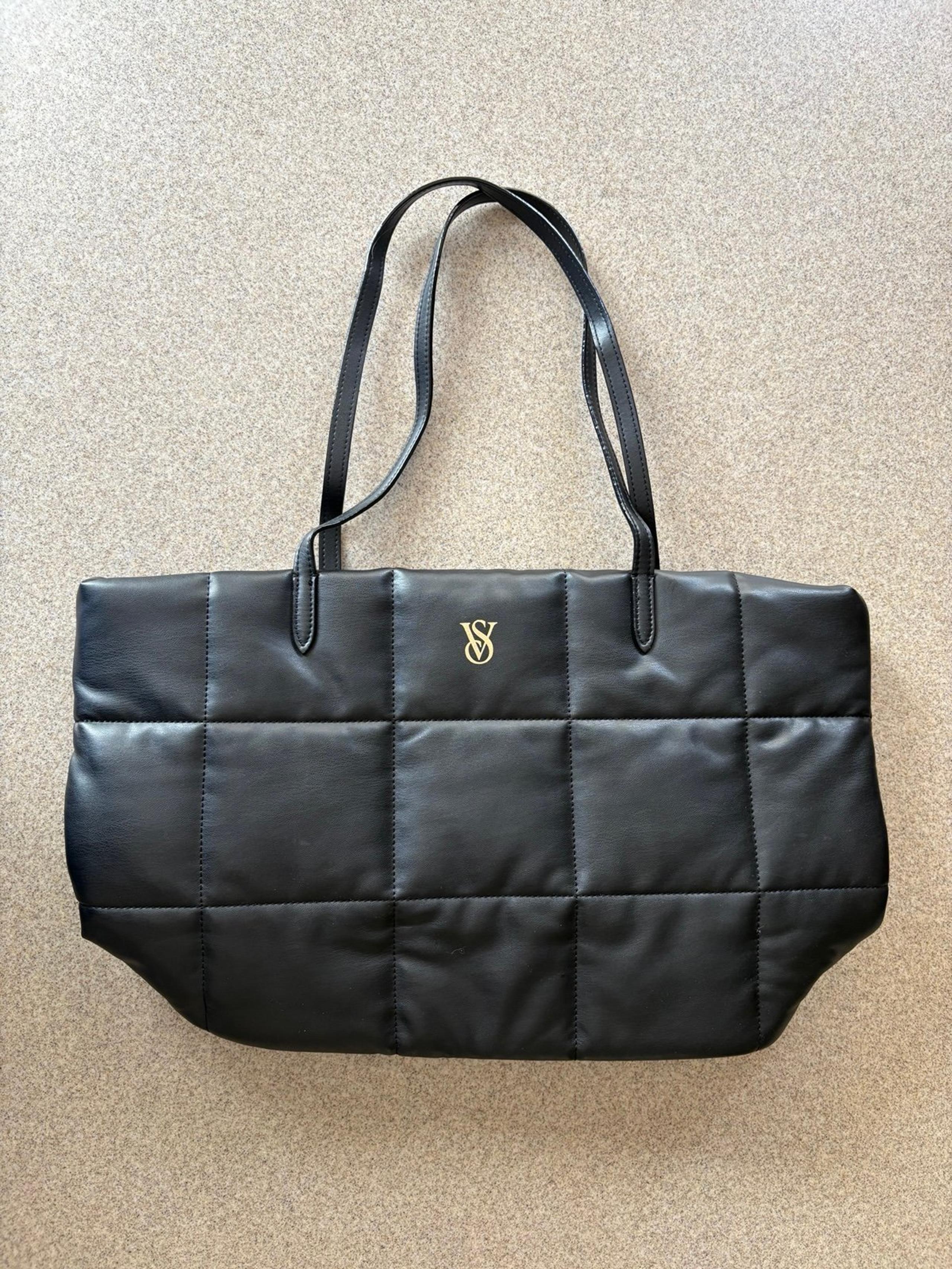 Victoria's Secret Quilted Tote Black Puffer Duffle Faux Leather Bag Weekender