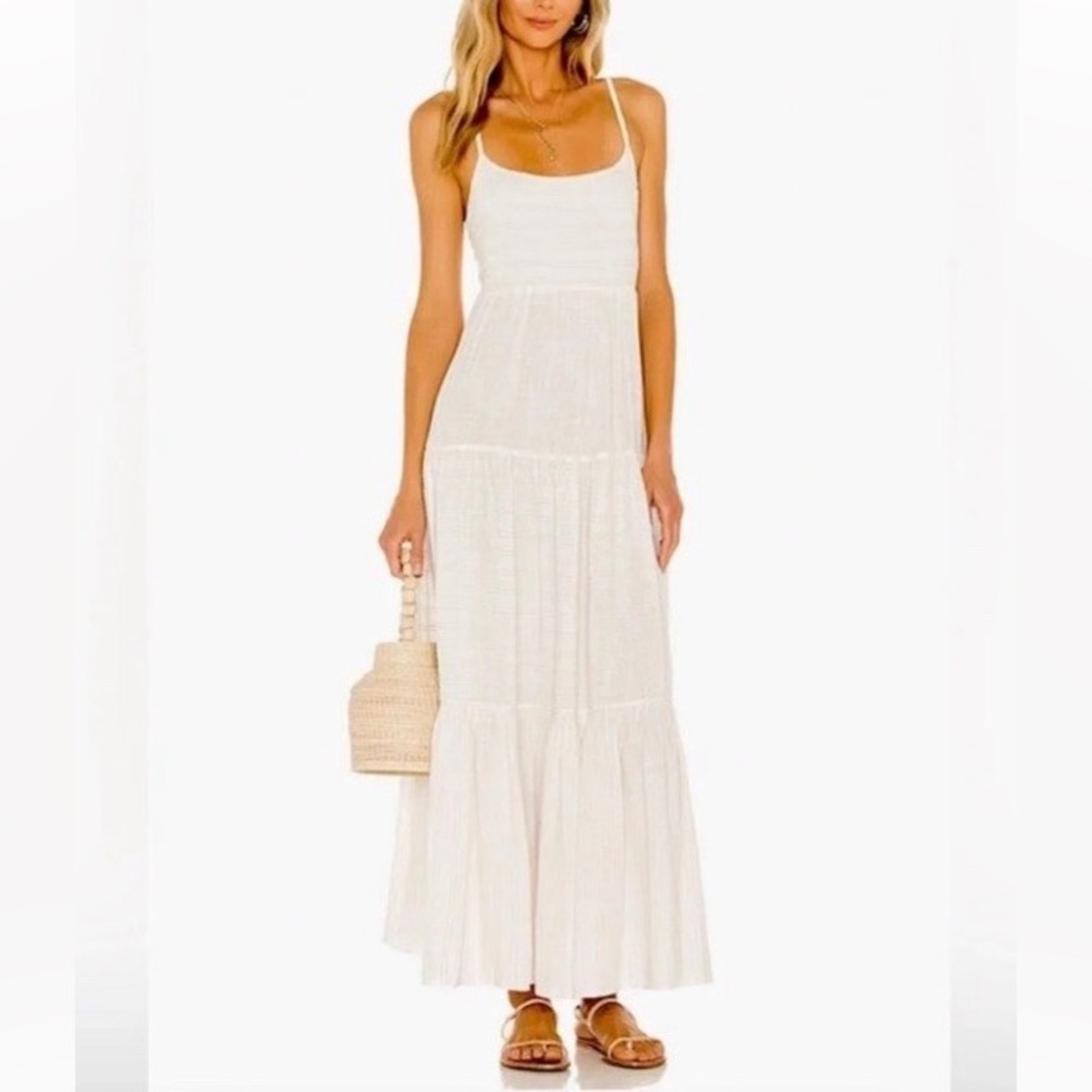 L SPACE Santorini Tiered Maxi Dress Tie Back Cream Ivory Striped size Large