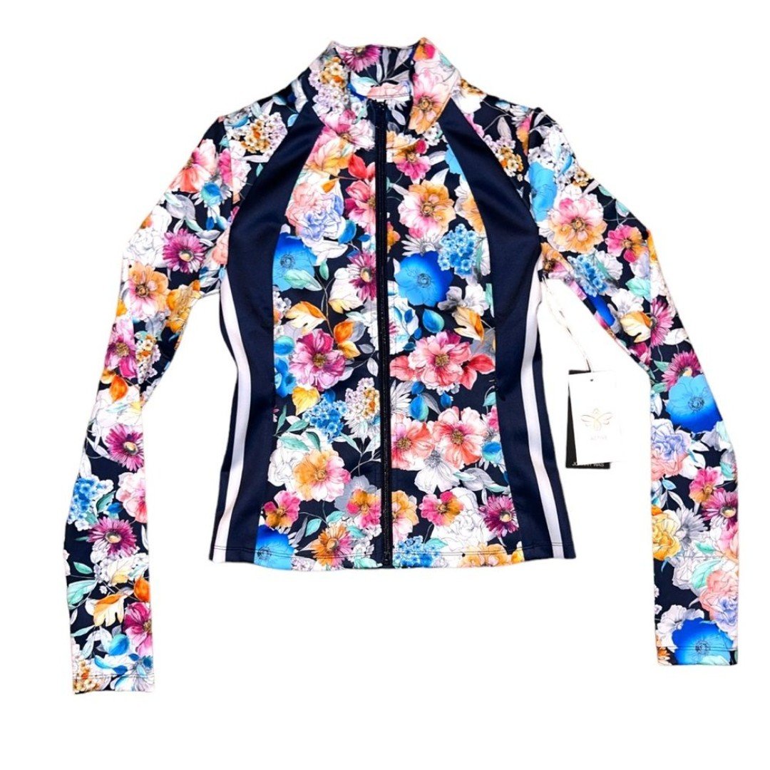 JOHNNY WAS ACTIVE FALL DANCE FITTED ATHLETIC Floral Print JACKET Size XS NEW