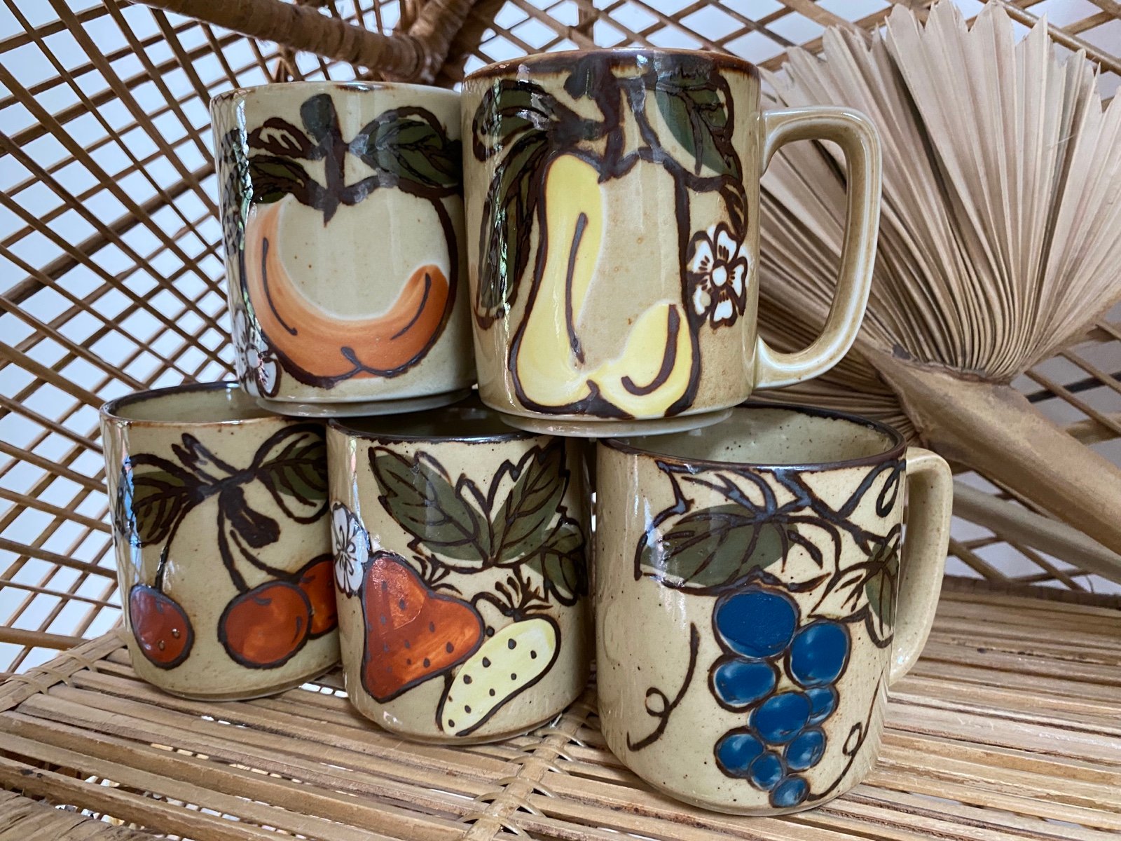Vintage Ceramic Fruit Mugs Set Of 5