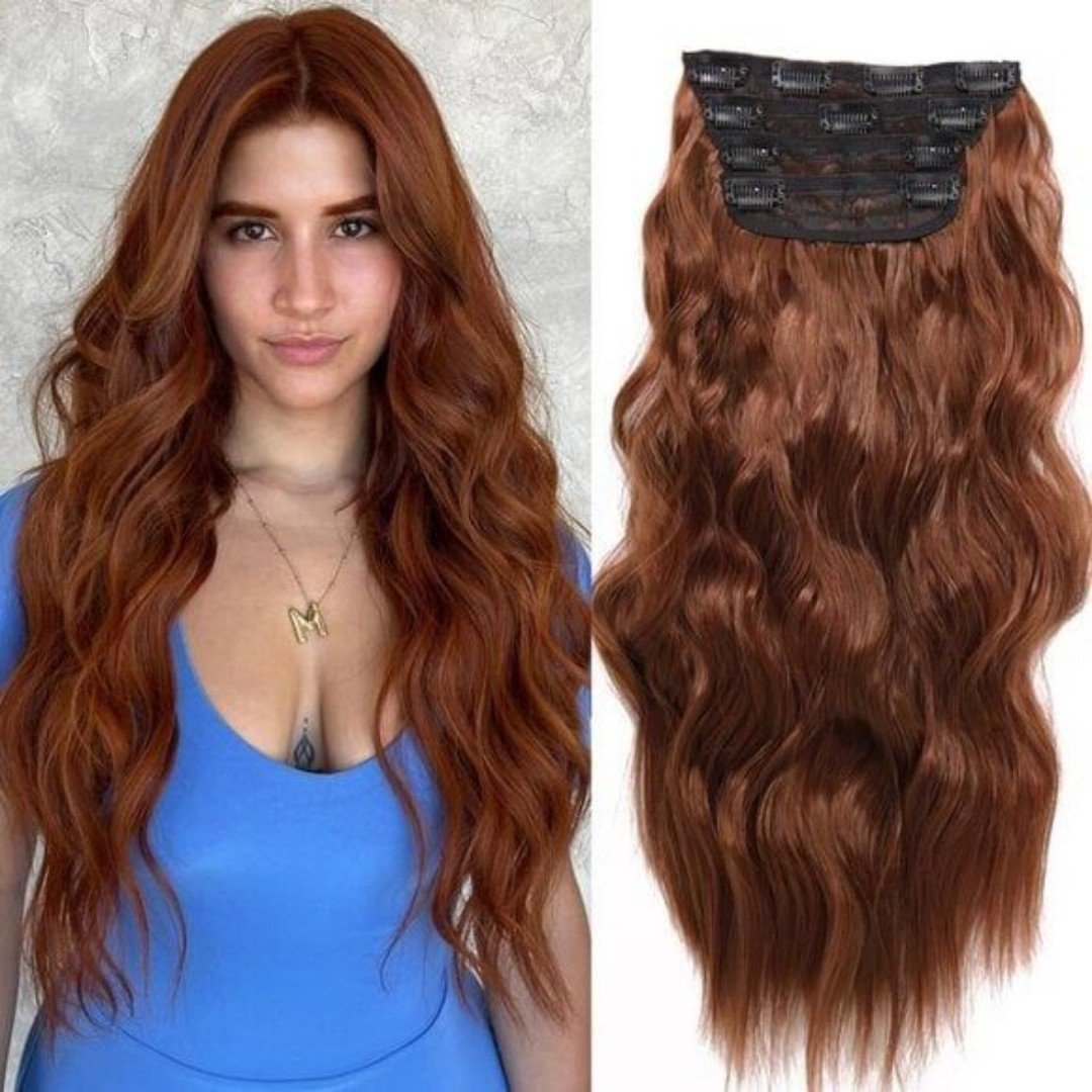 20Inch Auburn Clip-in Hair Extensions, 4PCS Copper Red Wavy Curly Synthetic Hair