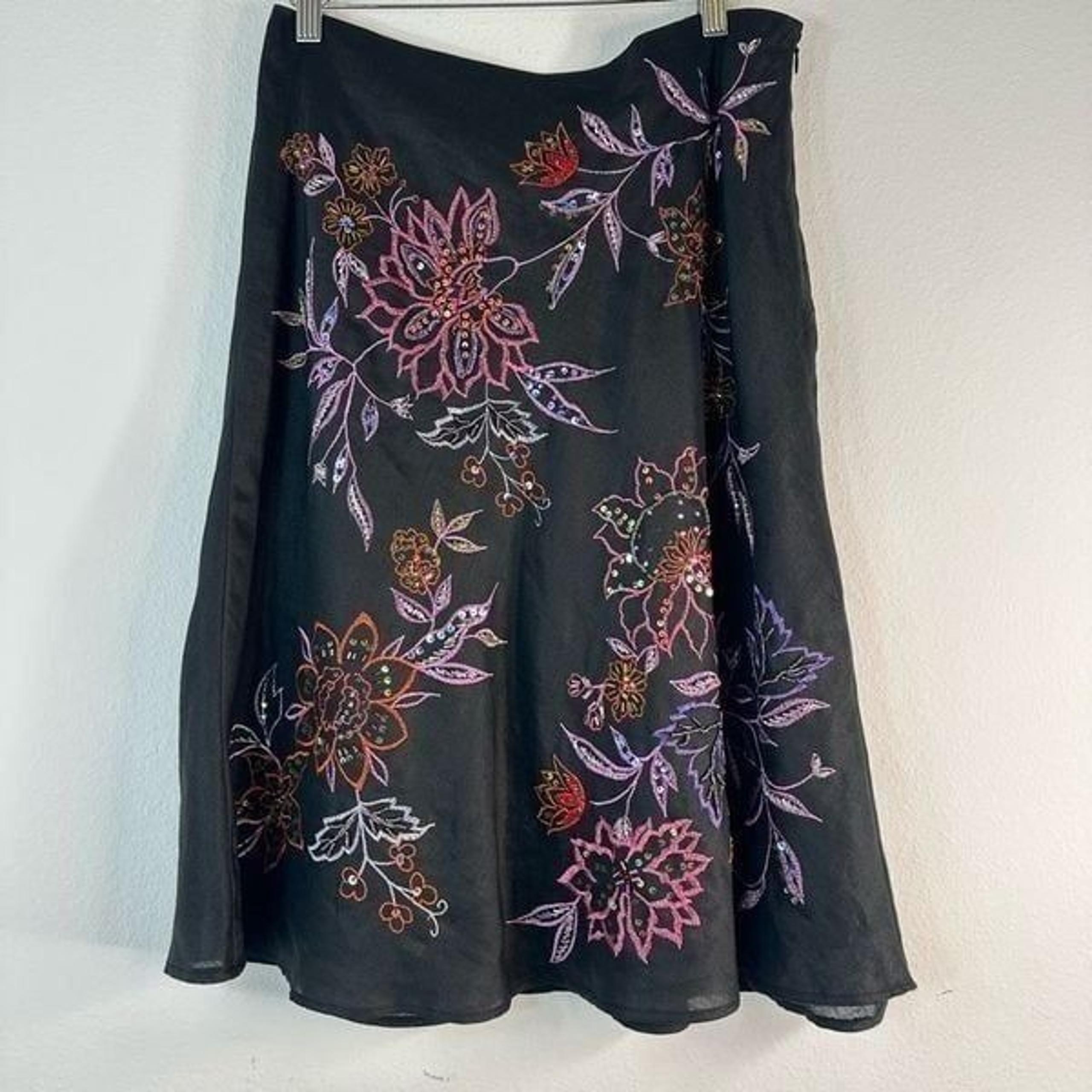 Vintage 90s Anne Carson Linen Boho Floral Embroidered Aline Skirt Women’s 4