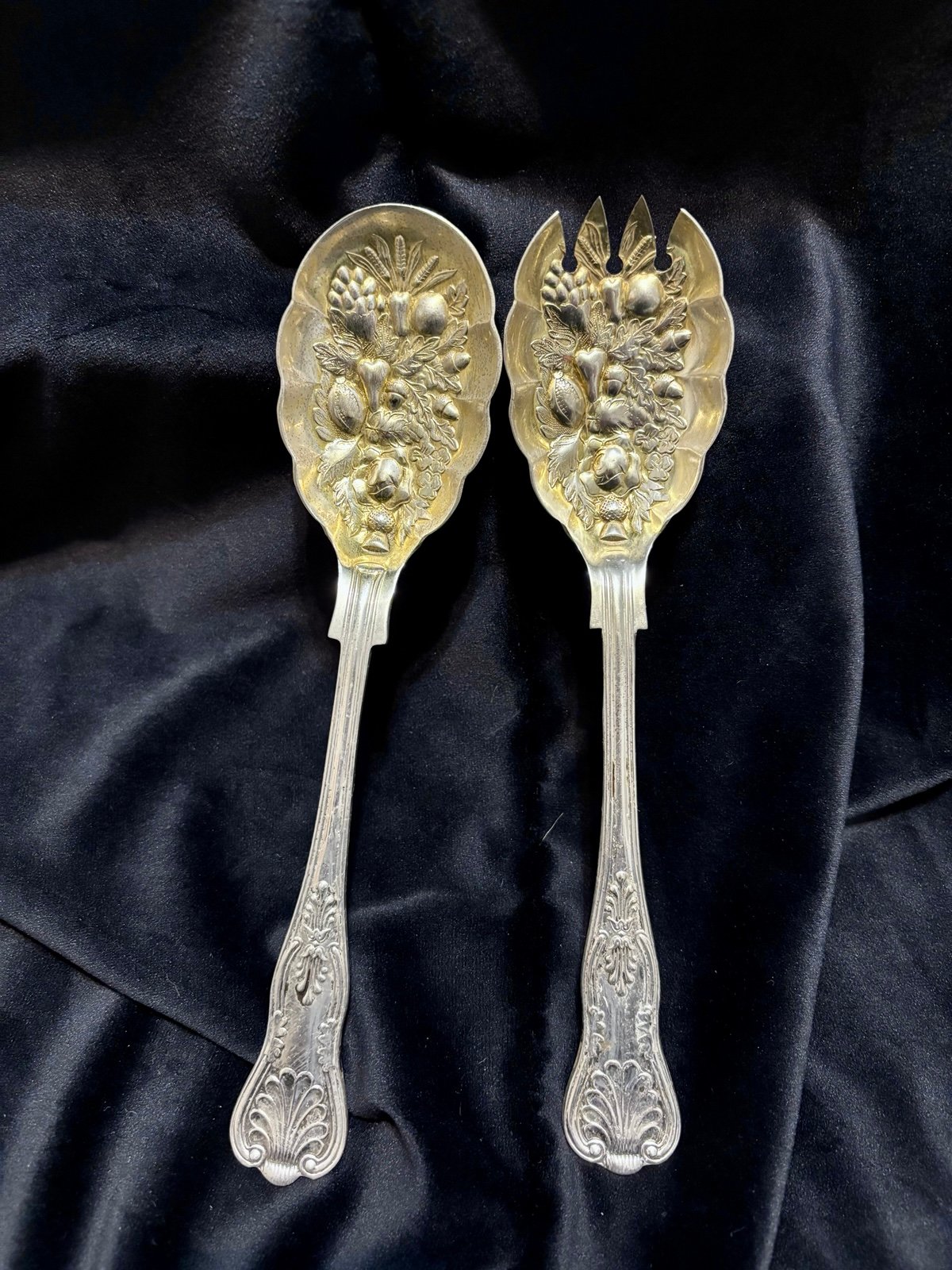 Silver-Platted Salad Serving Utensils with Berry Pattern