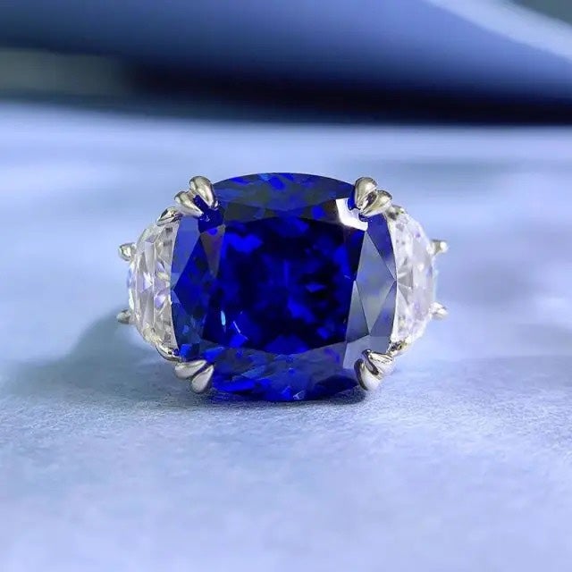 925 Solid Sterling Silver Blue Created Sapphire Engagement Ring Size 6,7,8