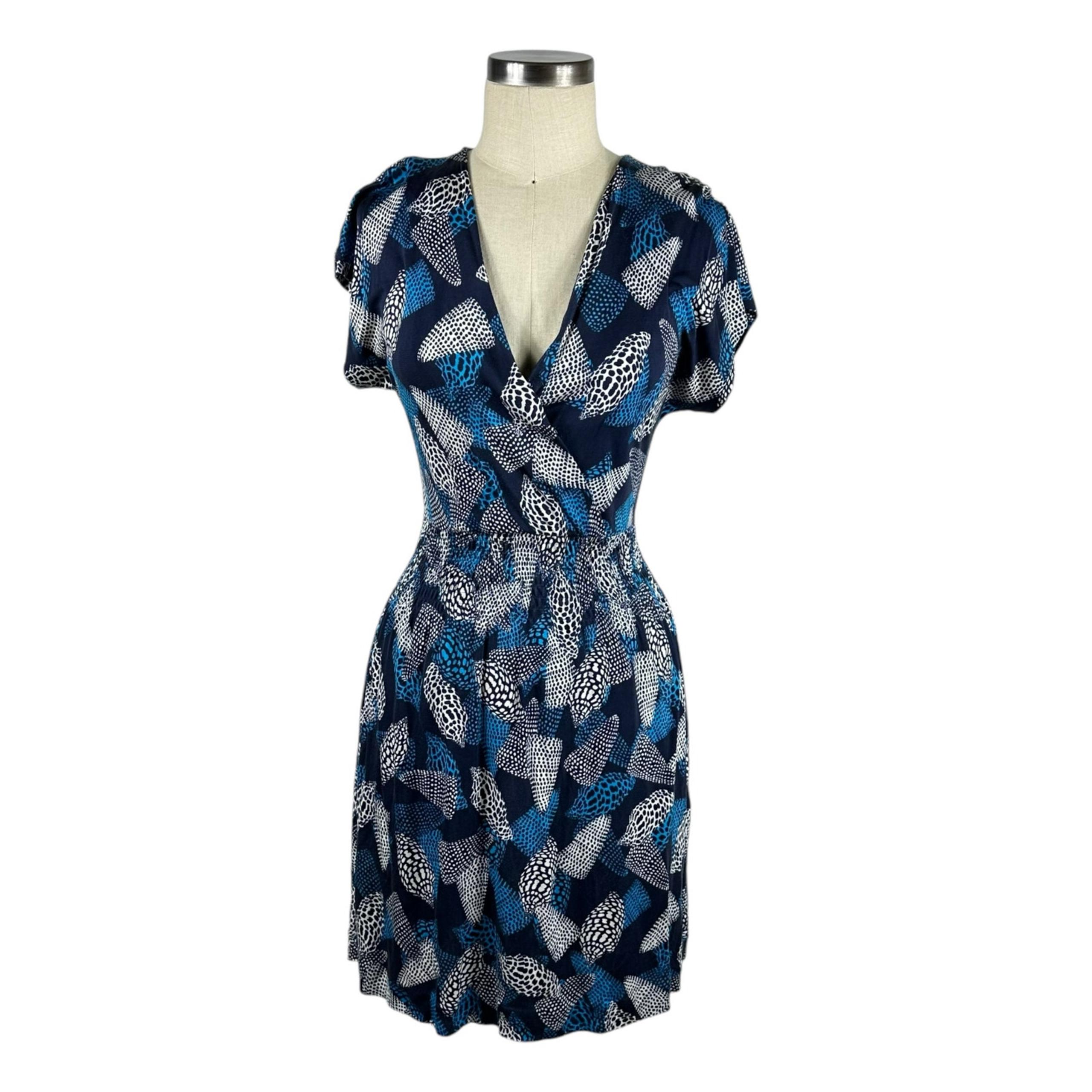 TORY BURCH Blue White Seashell Print Faux Wrap Silk Mini Dress Women's Size XS