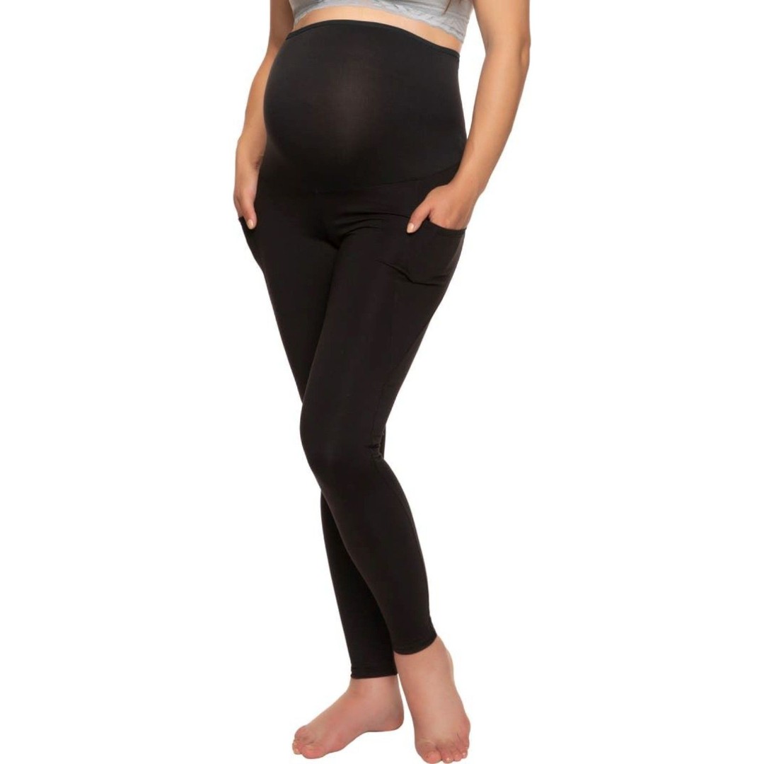 Felina Maternity Brushed Leggings Side Pockets Over the Belly Waistband Black M