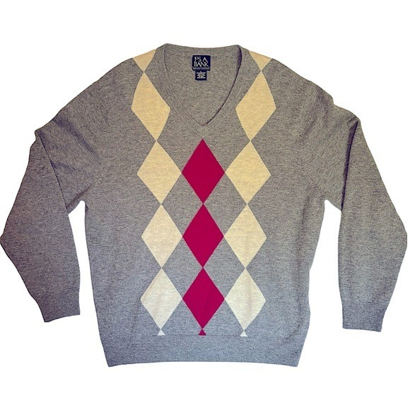 Jos A Banks Gray & Red Argyle Sweater Size Large V Neck Long Sleeve Lambswool