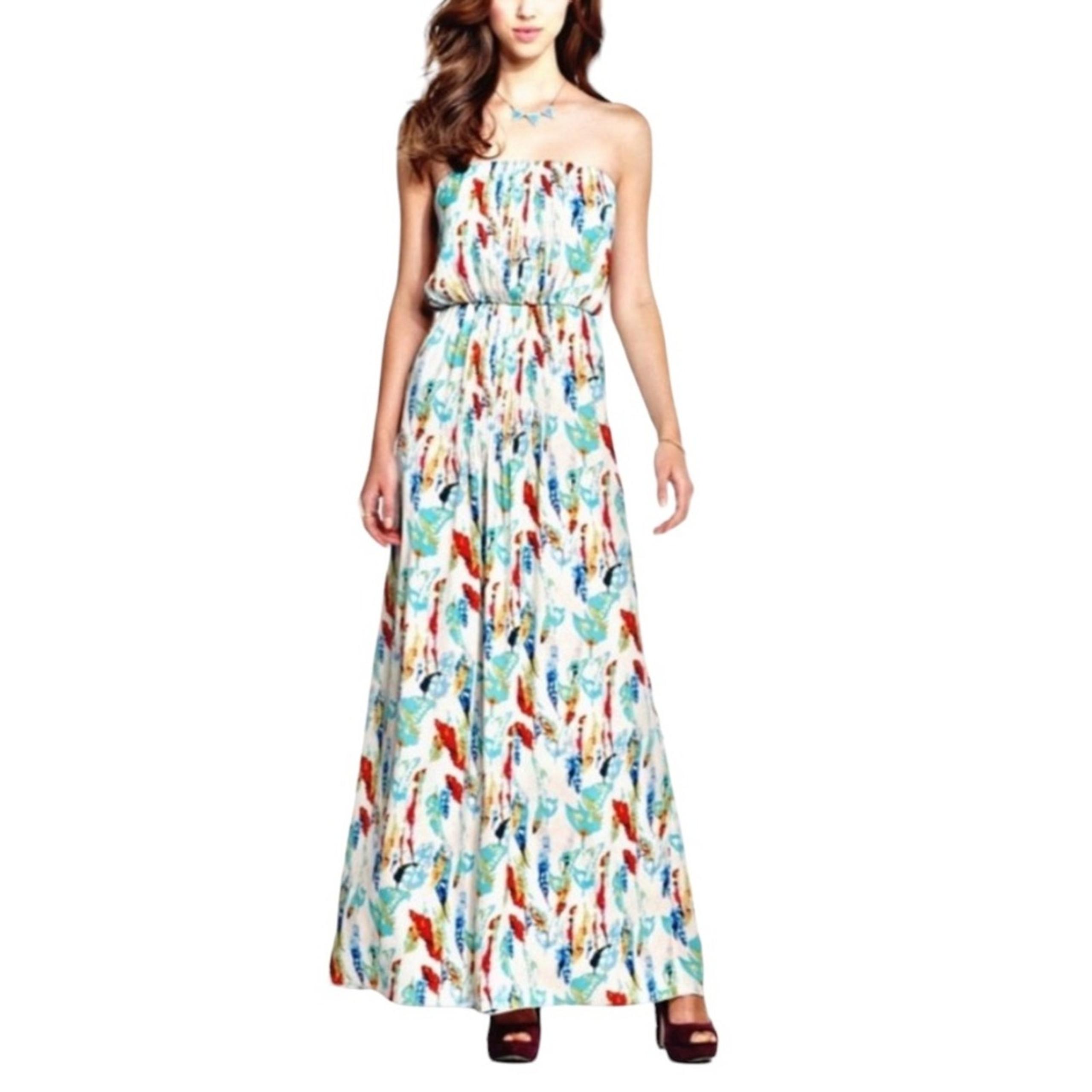 RACHEL ROY Leaf Feather Print Strapless Maxi Dress with Pockets Women’s Size S