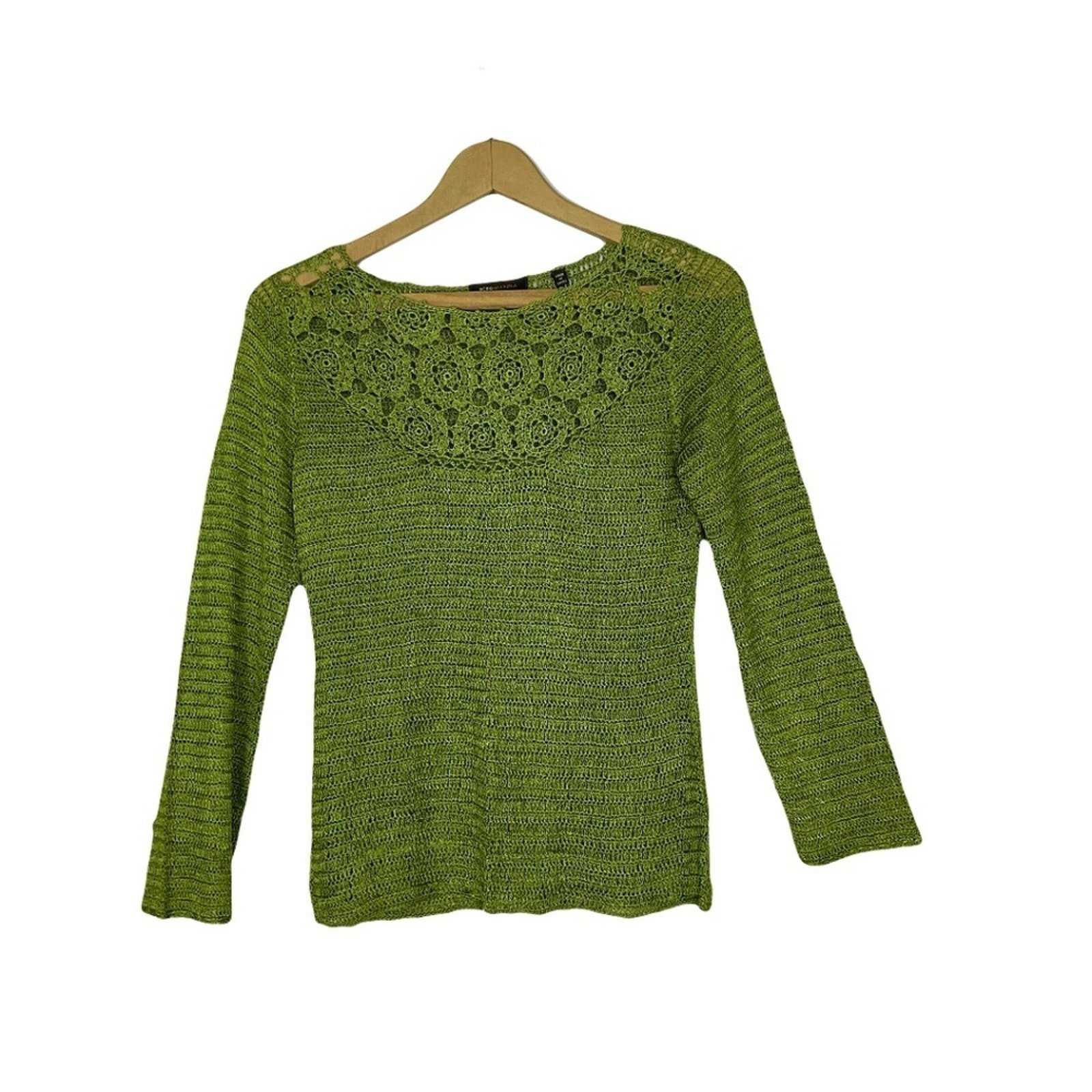 BCBGMaxaria Green Open Crocheted Long Sleeve Sweater Top Sz XS