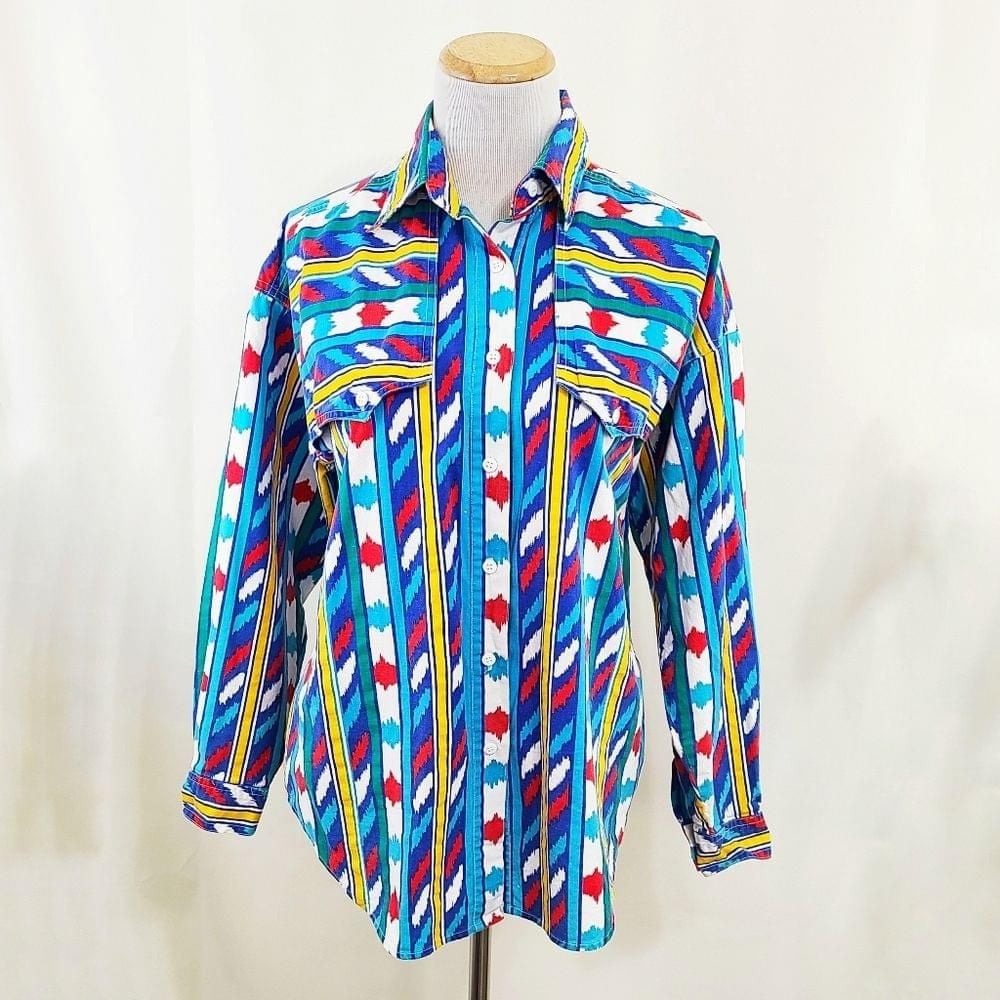 Vintage 90s brushpopper button down western shirt rainbow abstract stripes sz M