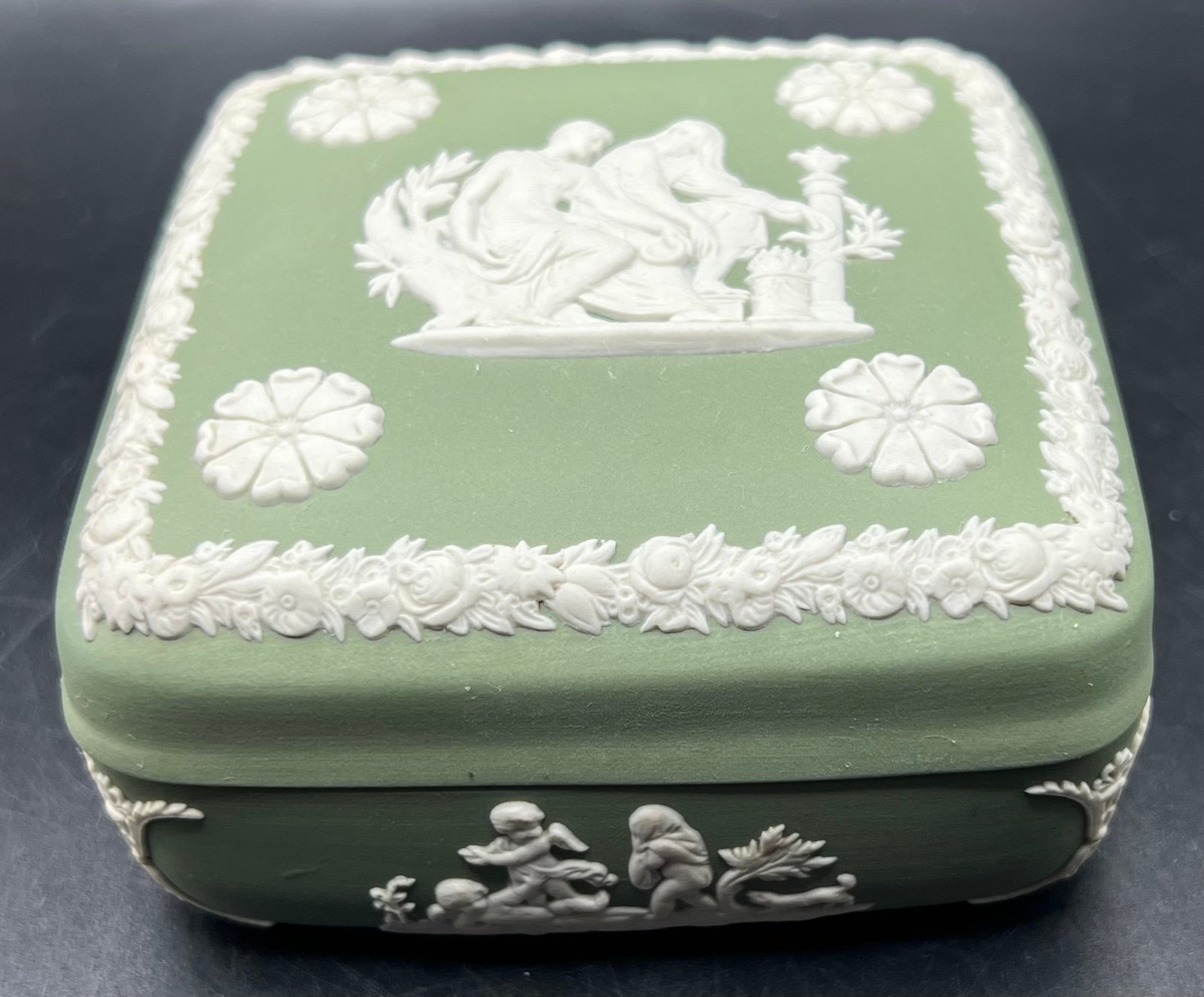 Vintage Wedgwood Lidded Box, Jasperware Trinket Box, Sage Green With White