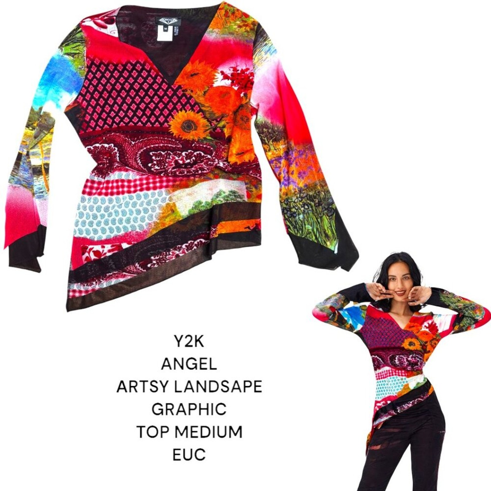 VINTAGE Y2K ANGEL GRAPHIC FLORAL ARTSY 2000'S STYLE BLOUSE MEDIUM EUC